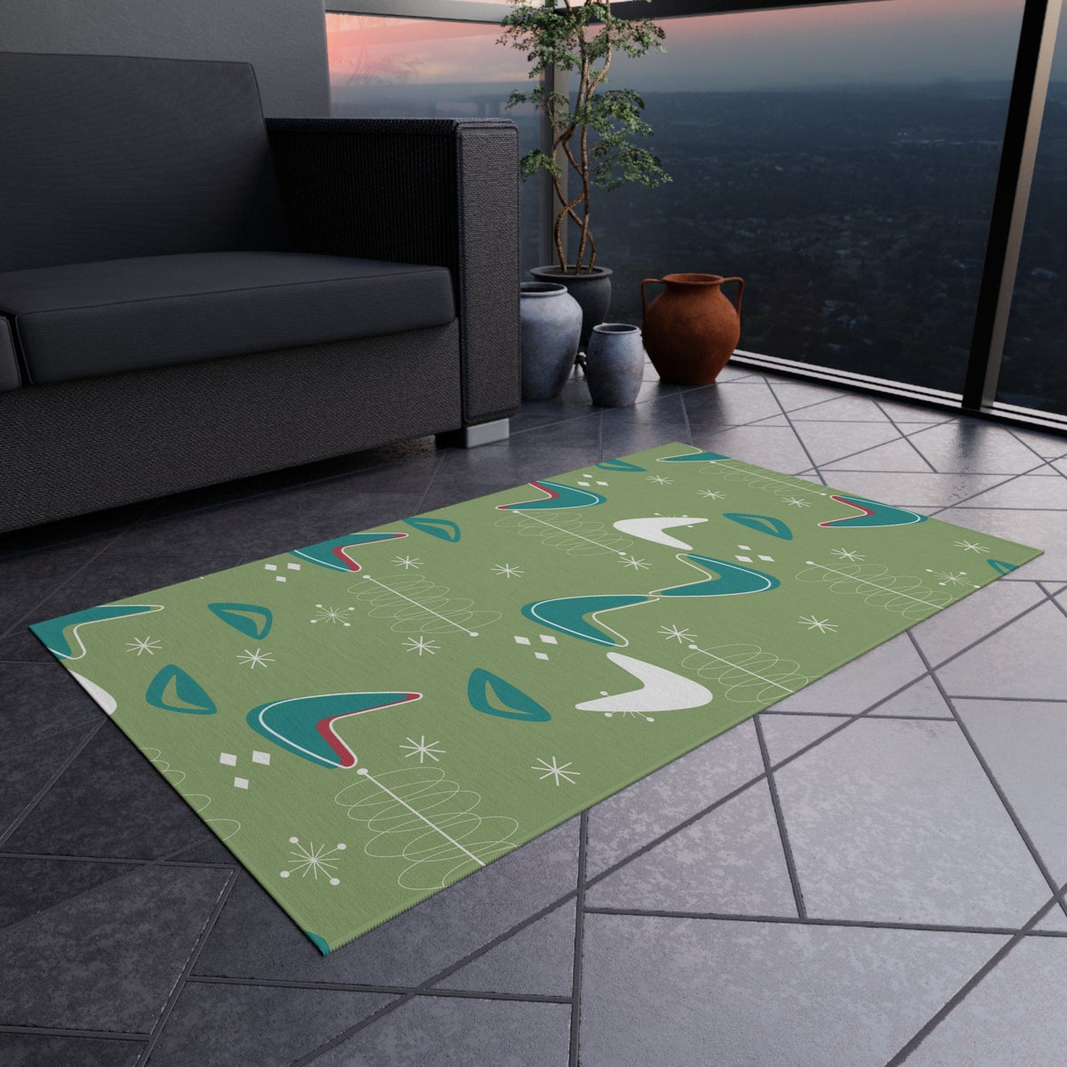 Mid Century Modern Designed, Boomerang Green, Teal, White, Mid Mod Atomic Space Indoor Outdoor Rug Home Decor