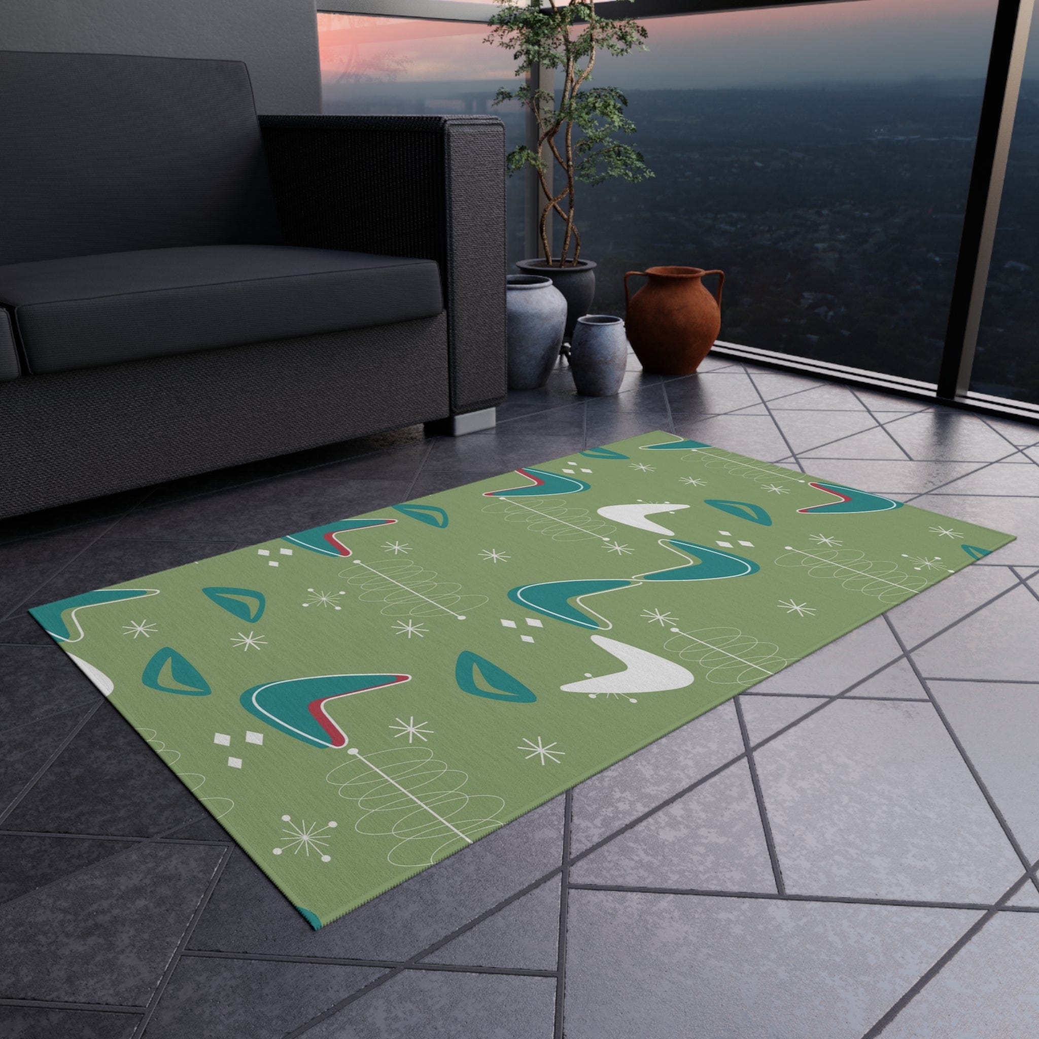 Mid Century Modern Designed, Boomerang Green, Teal, White, Mid Mod Atomic Space Indoor Outdoor Rug Home Decor