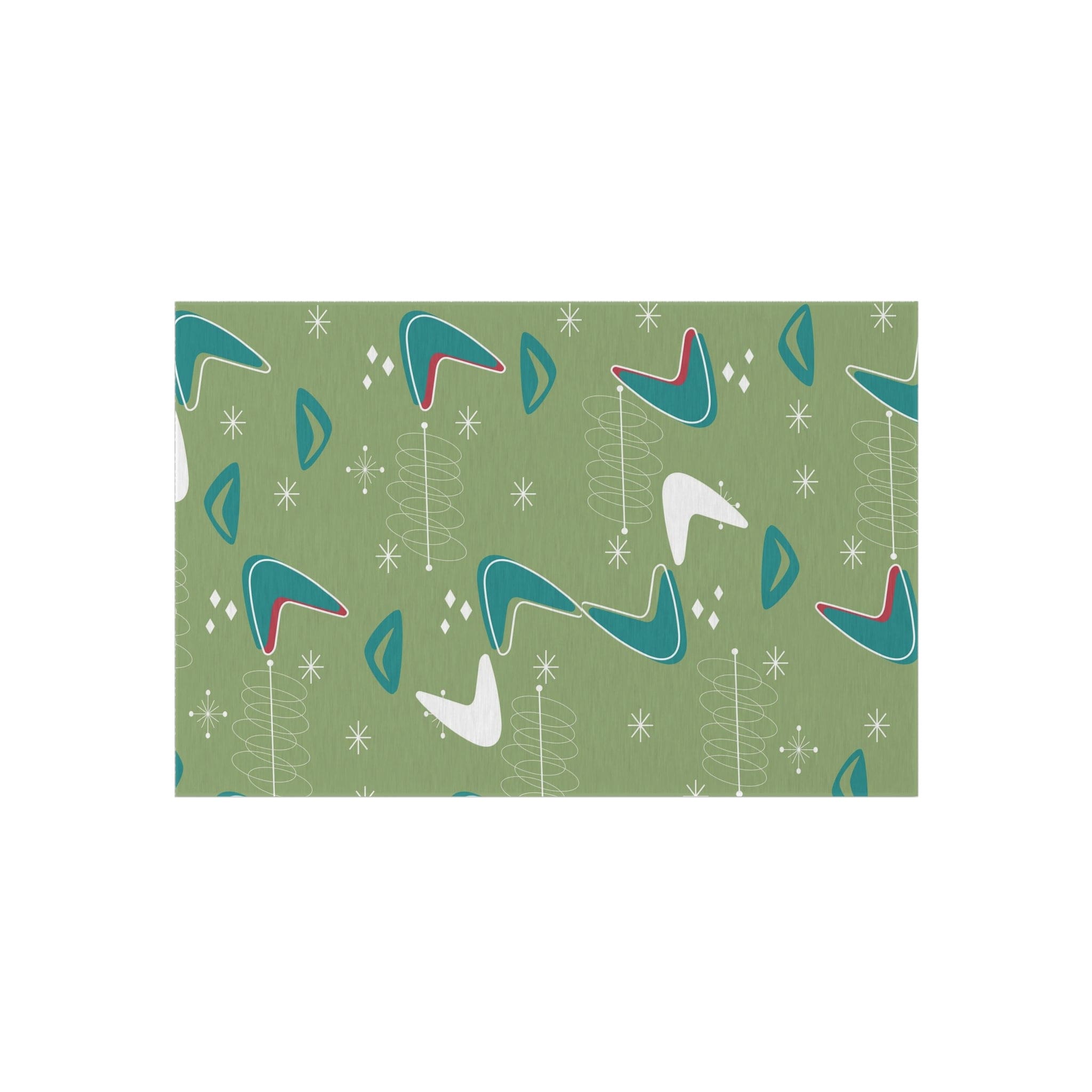 Mid Century Modern Designed, Boomerang Green, Teal, White, Mid Mod Atomic Space Indoor Outdoor Rug Home Decor