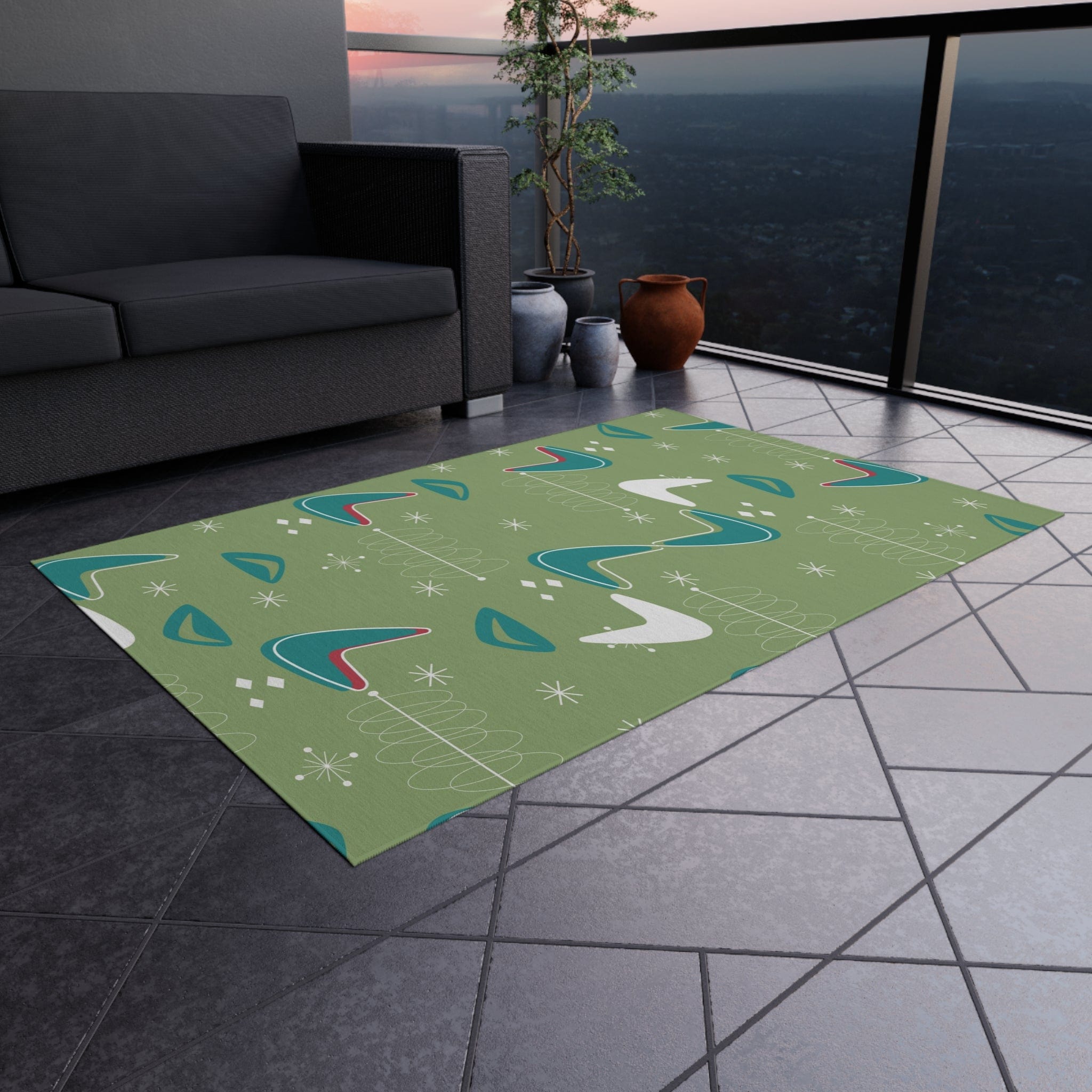 Mid Century Modern Designed, Boomerang Green, Teal, White, Mid Mod Atomic Space Indoor Outdoor Rug Home Decor