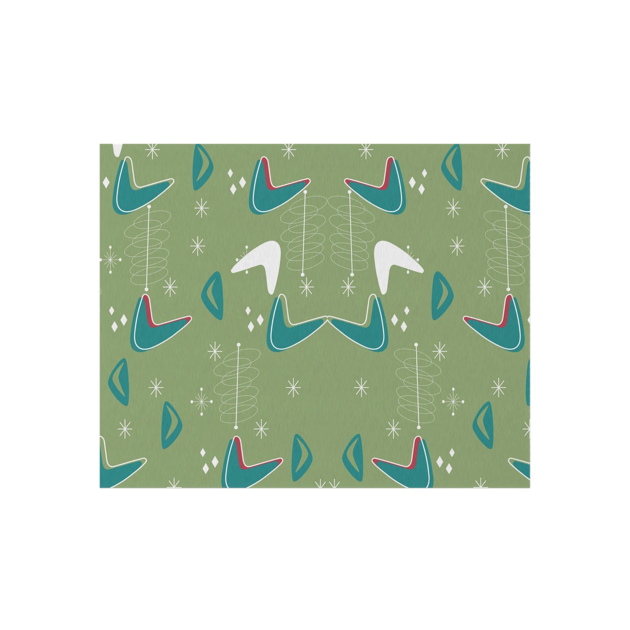 Mid Century Modern Designed, Boomerang Green, Teal, White, Mid Mod Atomic Space Indoor Outdoor Rug Home Decor