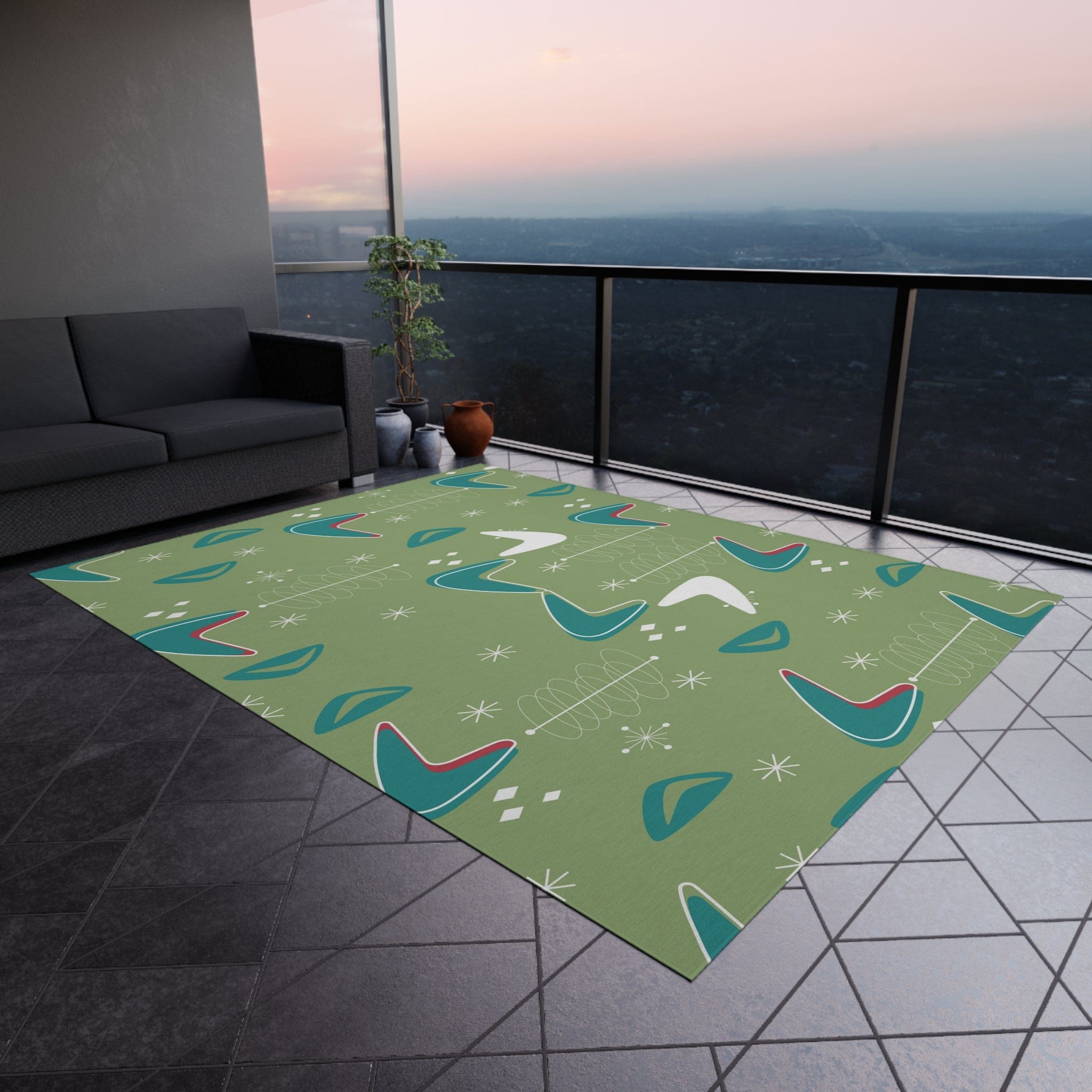 Mid Century Modern Designed, Boomerang Green, Teal, White, Mid Mod Atomic Space Indoor Outdoor Rug Home Decor