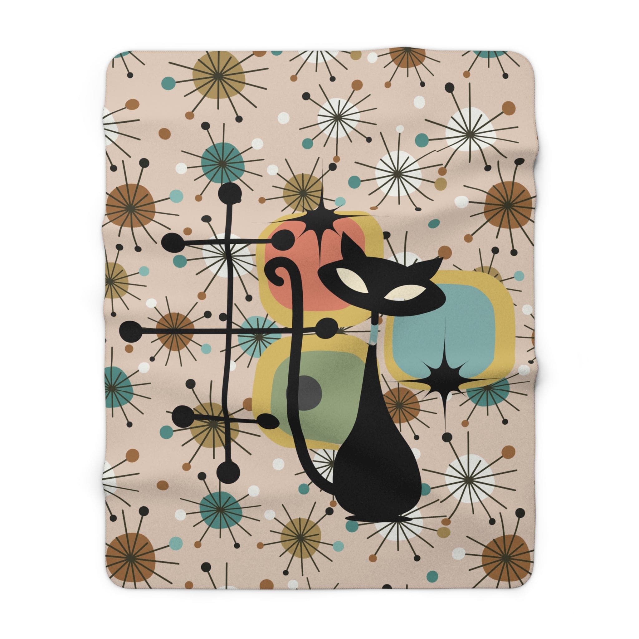 Mid Century Modern Designs, Atomic Cat, Quirky Kitsch, Atomic Starburst, Sputnik Designs, Cozy Blanket Gift For Black Cat Retro Lover Home Decor
