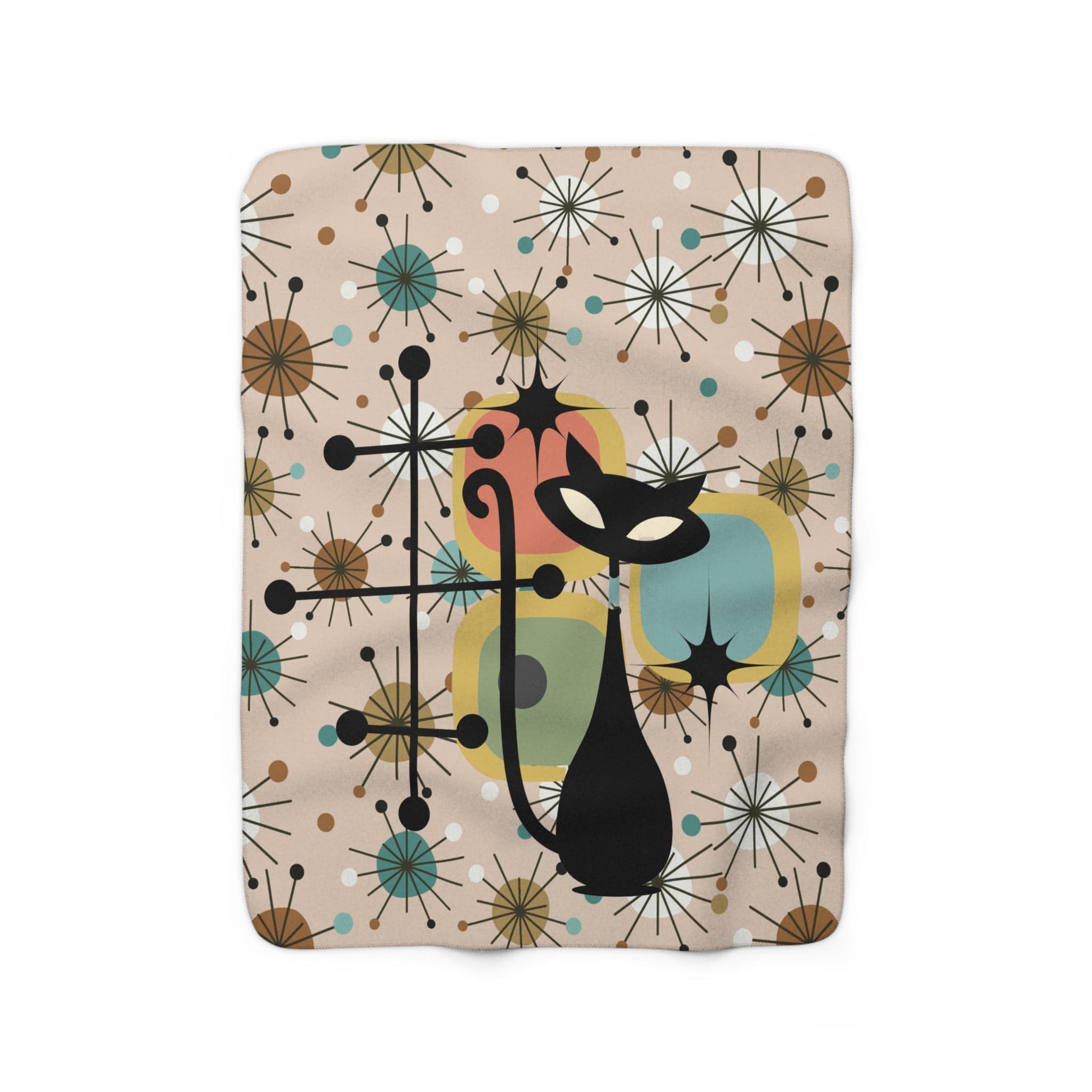 Mid Century Modern Designs, Atomic Cat, Quirky Kitsch, Atomic Starburst, Sputnik Designs, Cozy Blanket Gift For Black Cat Retro Lover Home Decor
