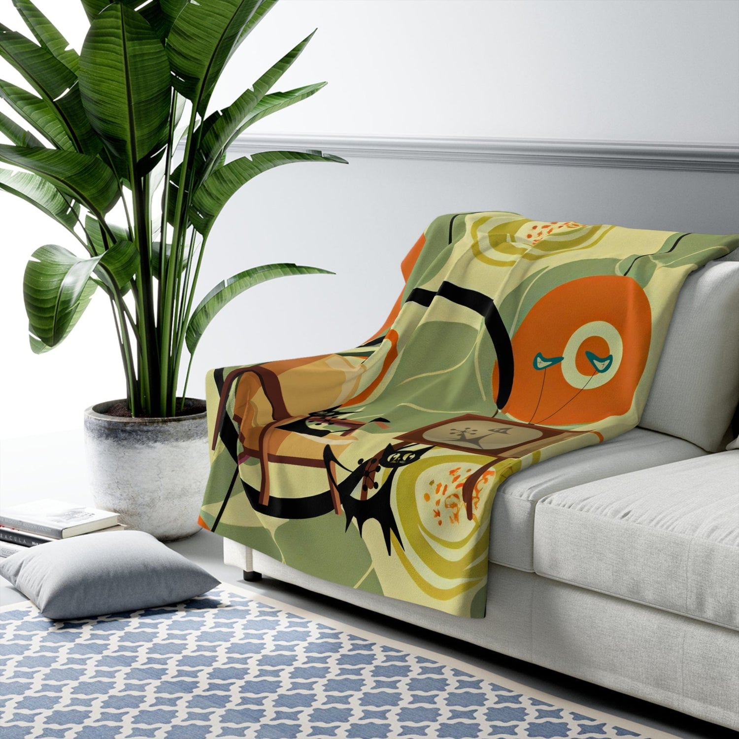 Mid Century Modern Designs, Atomic Cats, Black Cat Lover, Geometric Designs, Orange, Green Blanket By Mid Century Modern Gal Home Decor