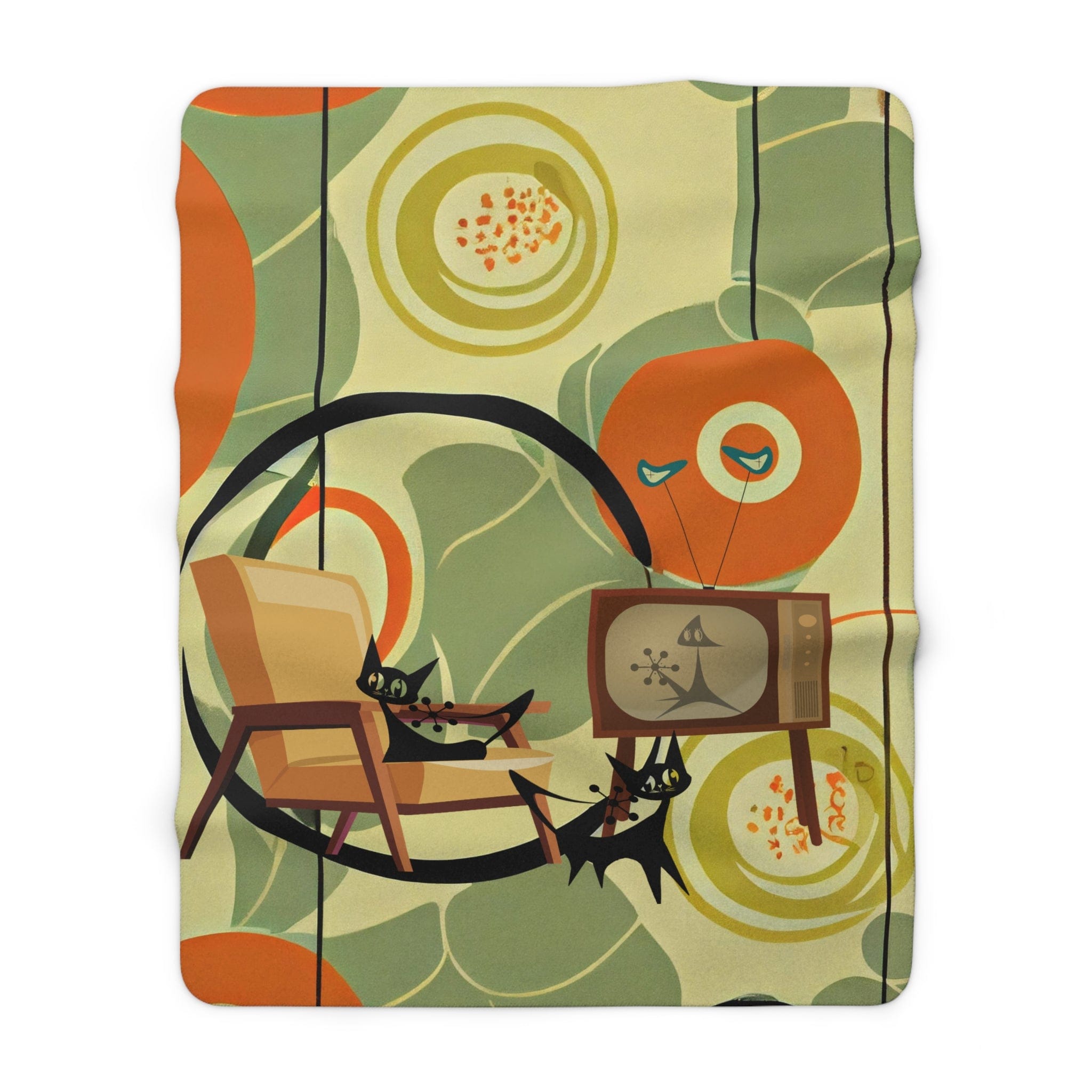 Mid Century Modern Designs, Atomic Cats, Black Cat Lover, Geometric Designs, Orange, Green Blanket By Mid Century Modern Gal Home Decor