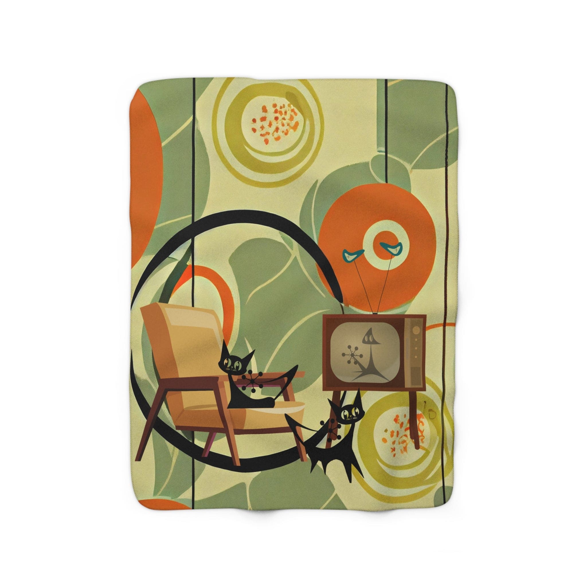 Mid Century Modern Designs, Atomic Cats, Black Cat Lover, Geometric Designs, Orange, Green Blanket By Mid Century Modern Gal Home Decor