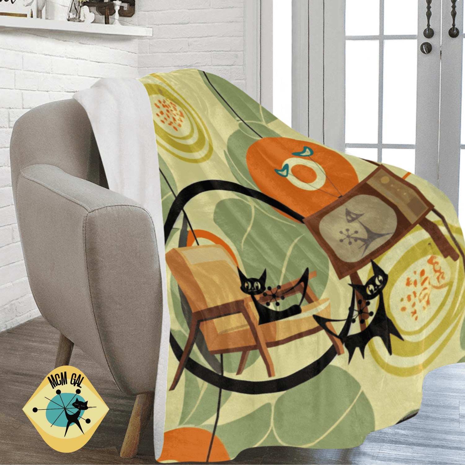 Mid Century Modern Designs, Atomic Cats, Black Cat Lover, Geometric Designs, Orange, Green Blanket By Mid Century Modern Gal Home Decor