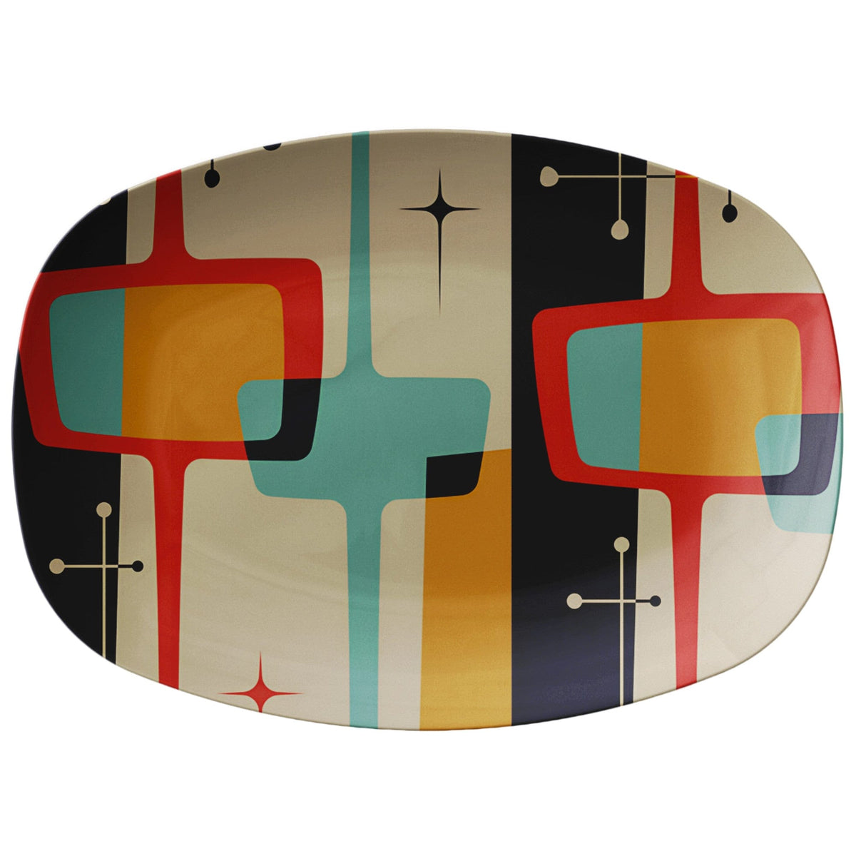 Mid Century Modern Dinner Platter, Geometric Slate Gray, Beige, Mustard Yellow Burnt Red, Retro Dinnerware Kitchenware