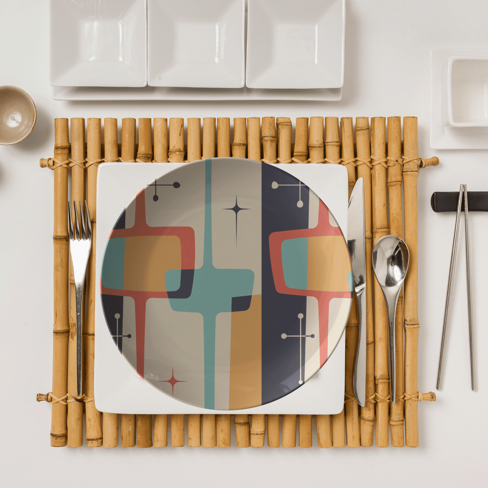 Mid Century Modern Dinner Platter, Geometric, Slate Gray, Mustard Yellow, Retro Dinnerware Kitchenware