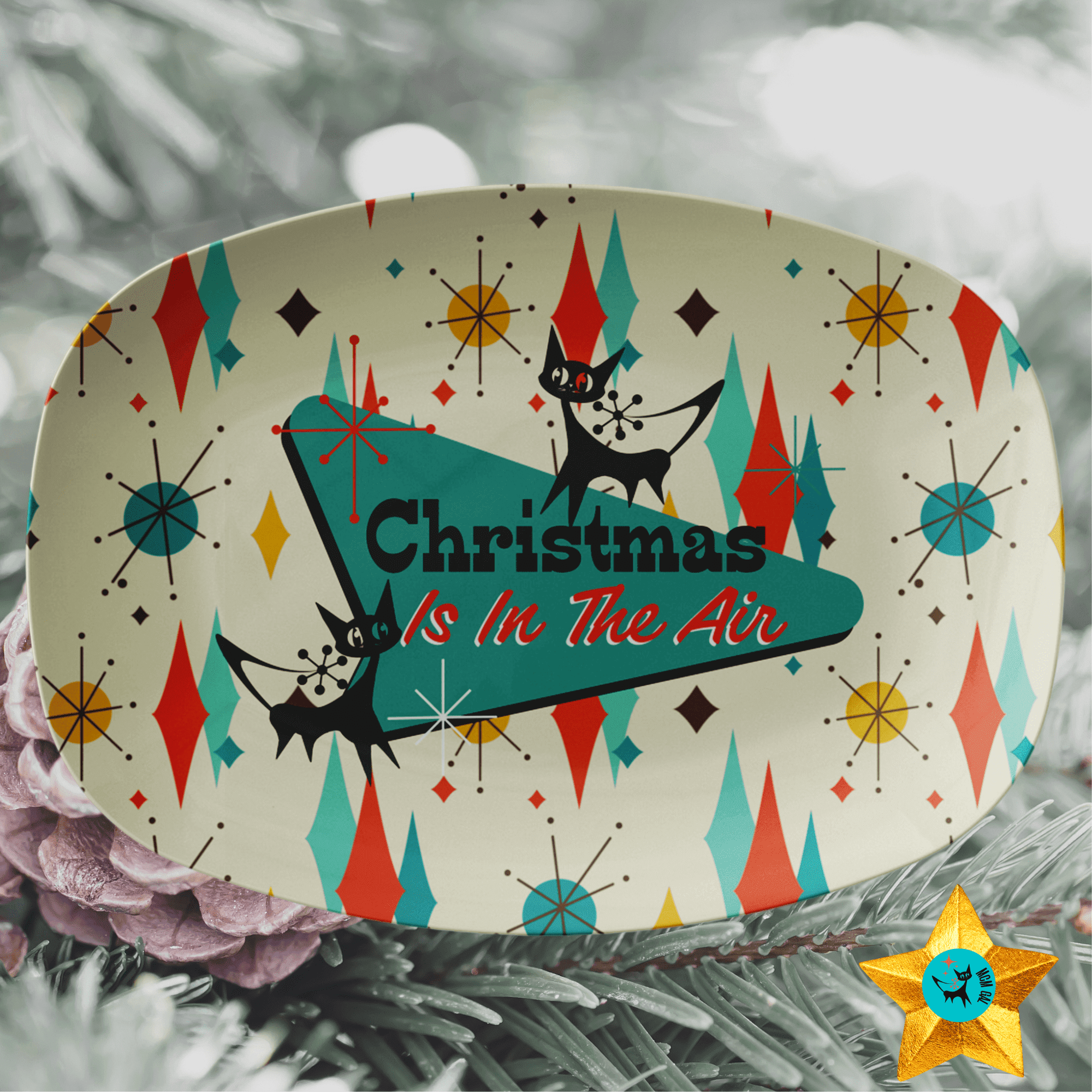 Mid Century Modern Dinnerware, Atomic Cat, Starburst, MCM Platter Gift Kitchenware