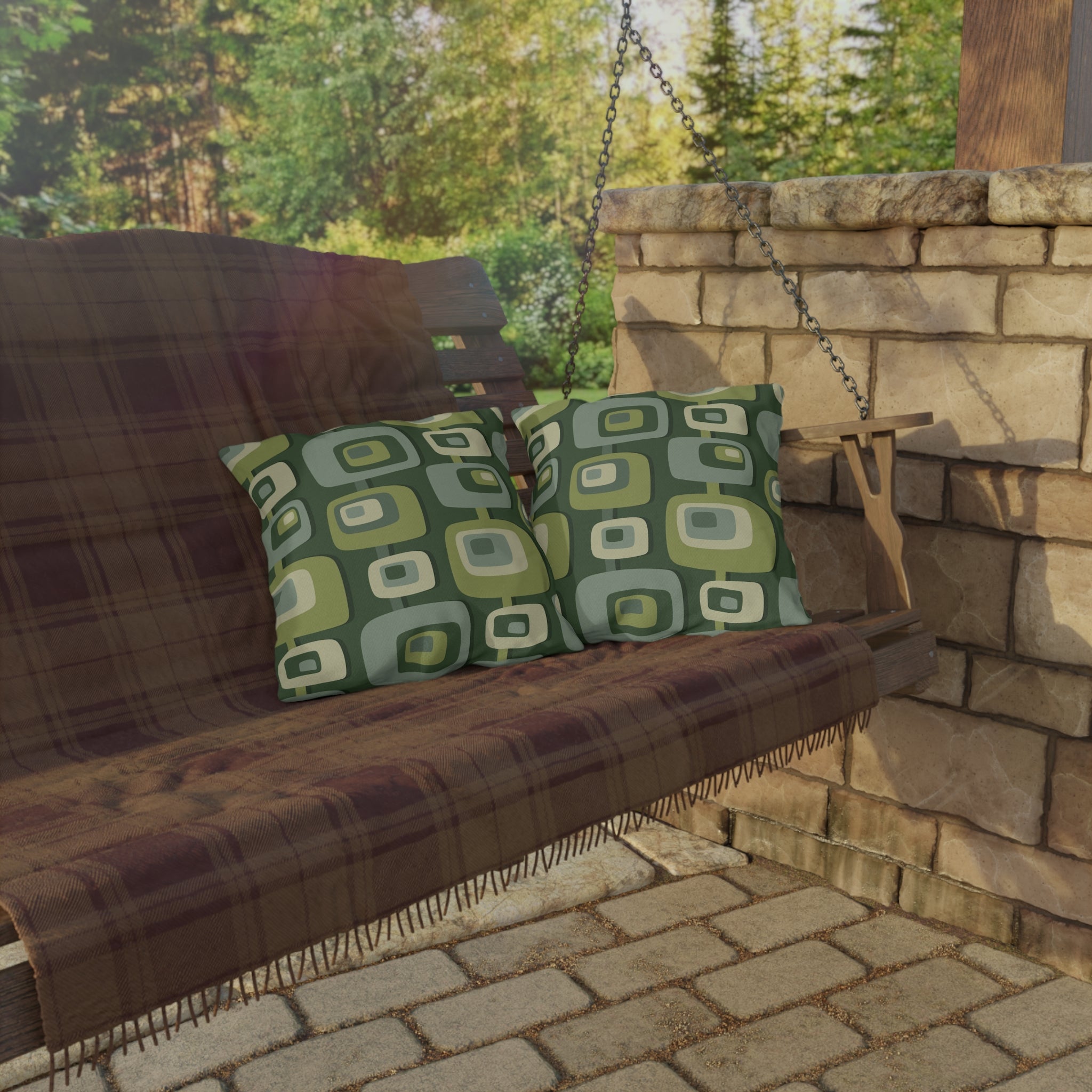 Mid Century Modern Geometric Green, Beige, Googie Designed Outdoor Pillows Home Decor