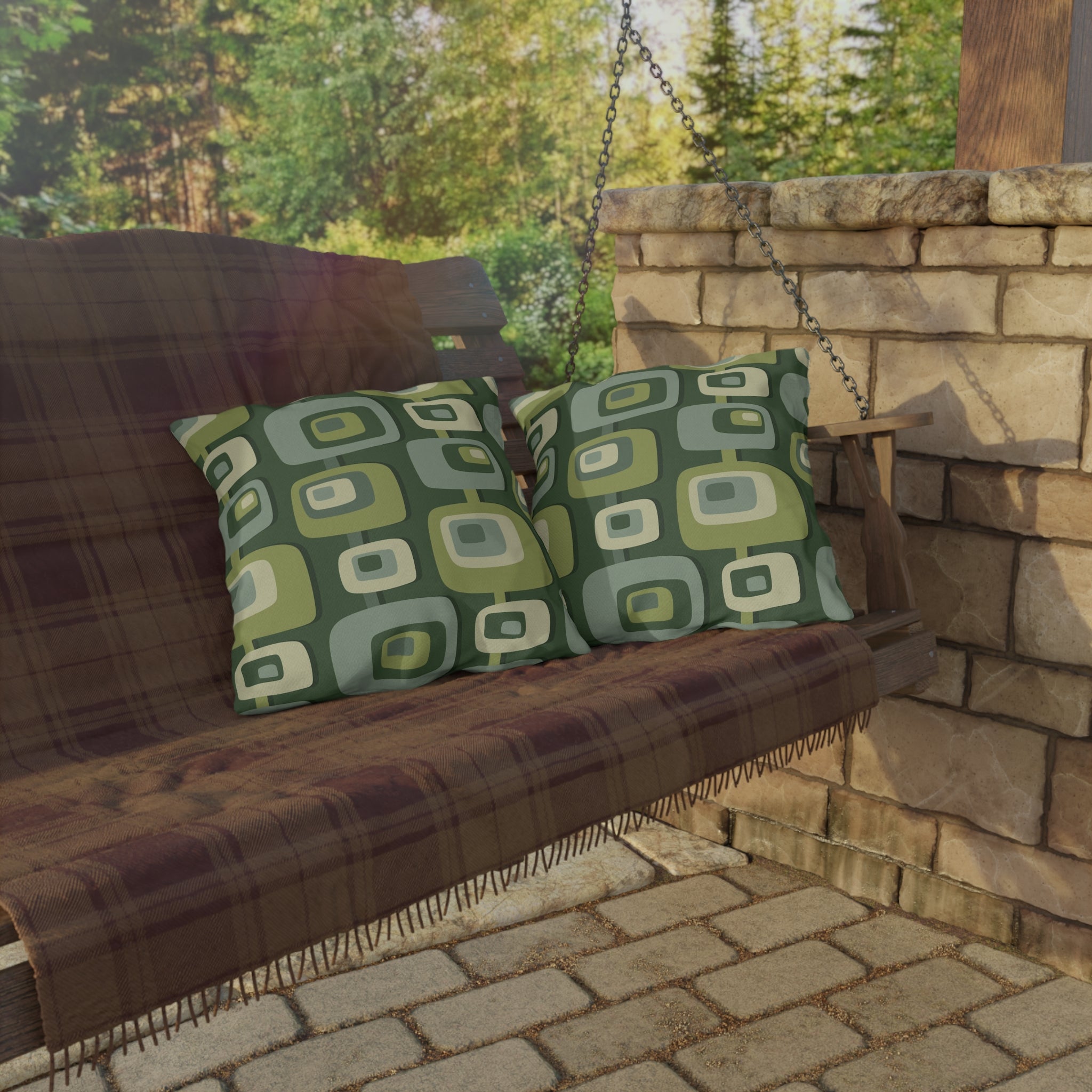 Mid Century Modern Geometric Green, Beige, Googie Designed Outdoor Pillows Home Decor