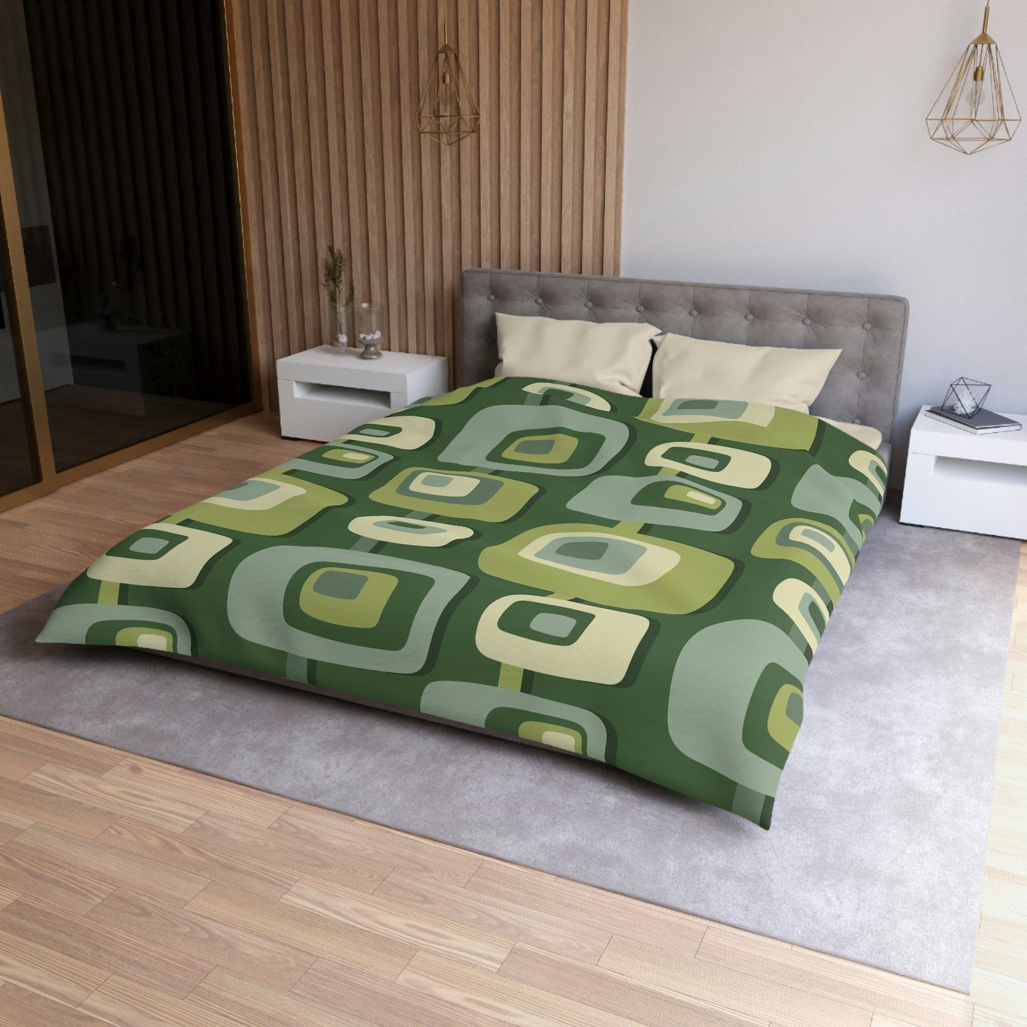 Mid Century Modern, Geometric, Groovy Green, Beige, Abstract, 60s 70s Retro, Mid Mod, MCM Duvet Cover Home Decor