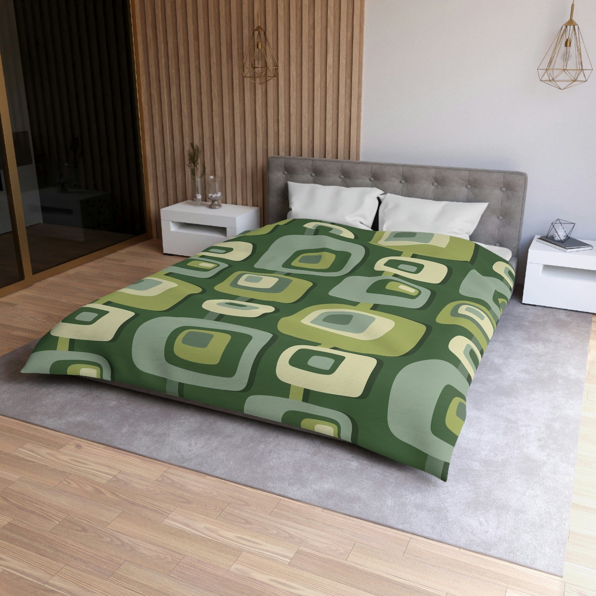 Mid Century Modern, Geometric, Groovy Green, Beige, Abstract, 60s 70s Retro, Mid Mod, MCM Duvet Cover Home Decor