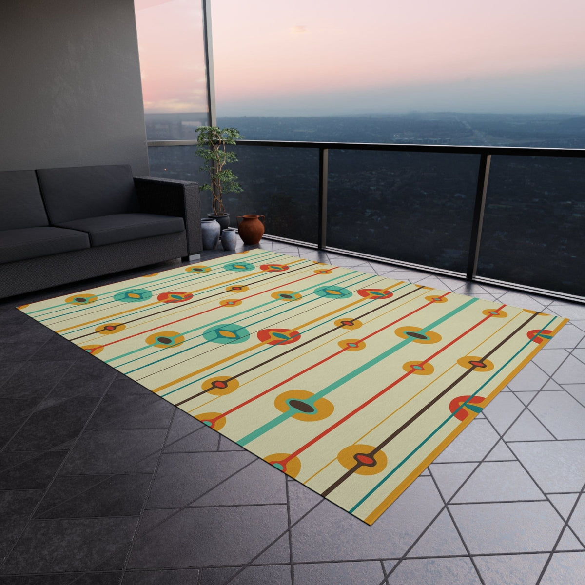 Mid Century Modern Geometric, MCM Indoor, Outdoor Rug, Teal, Aqua, Burnt Orange, Mustard Yellow, California, Florida Patio Rug Home Decor