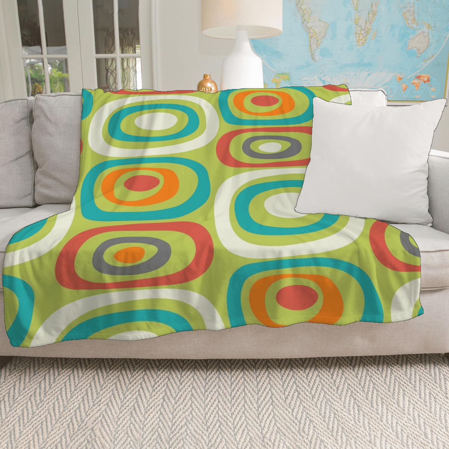 Mid Century Modern, Geometric Mod Green, Orange, Teal, Funky Fun Minky Blanket Blankets