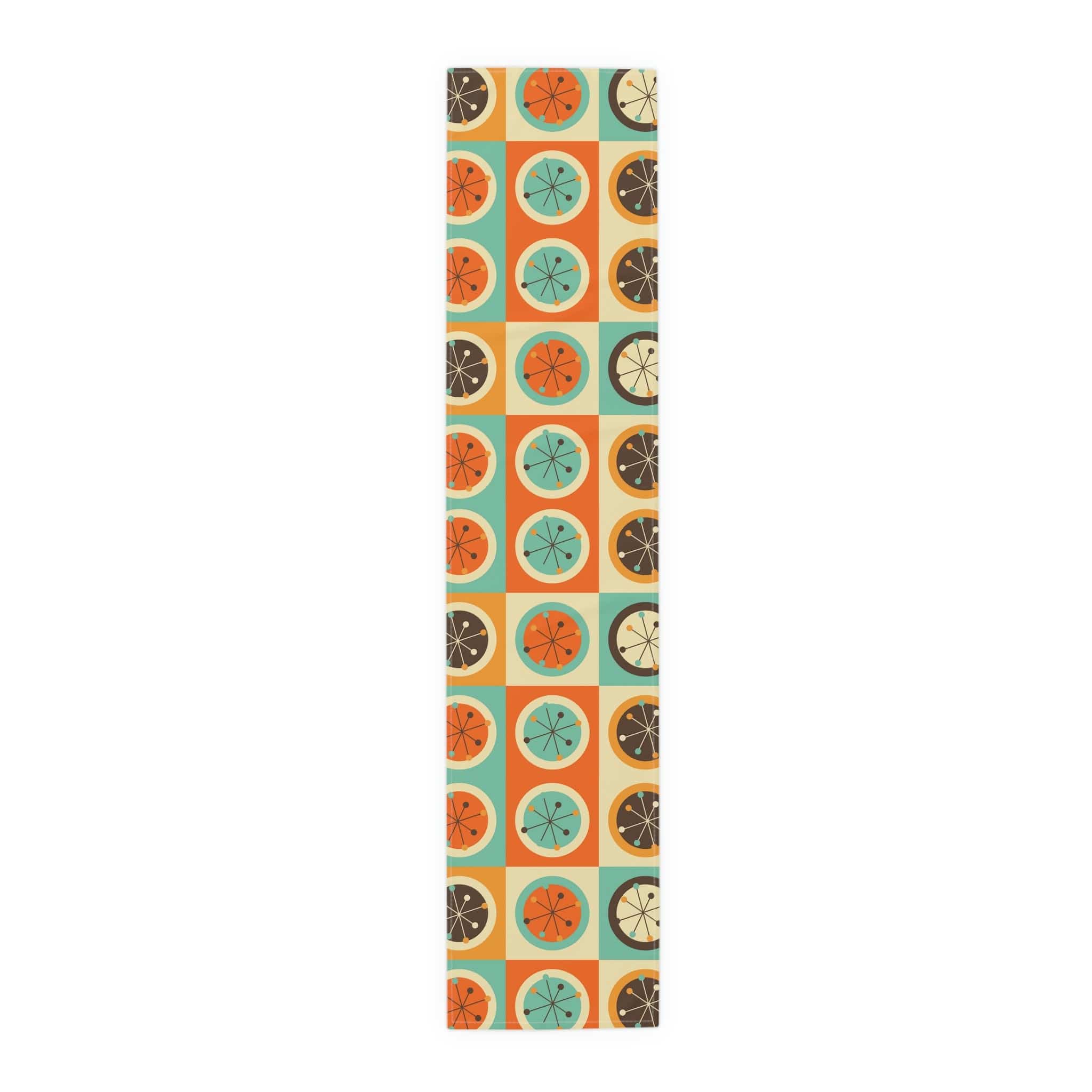 Mid Century Modern Geometric, Starburst, Orange, Brown, Aqua, Retro Table Runner Home Decor