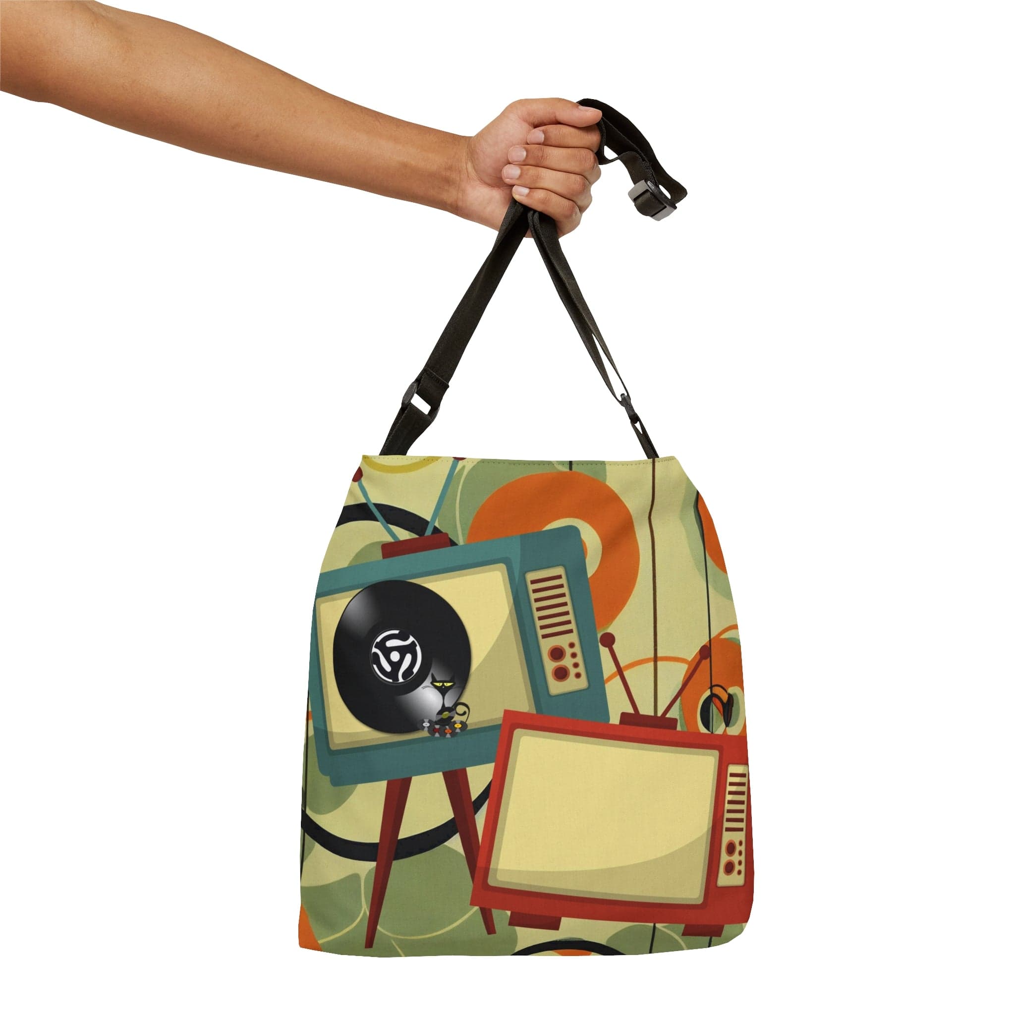 Mid Century Modern, Groovy Cat, Vinyl, Retro TV Funky Fun, Adjustable Tote Bag Bags