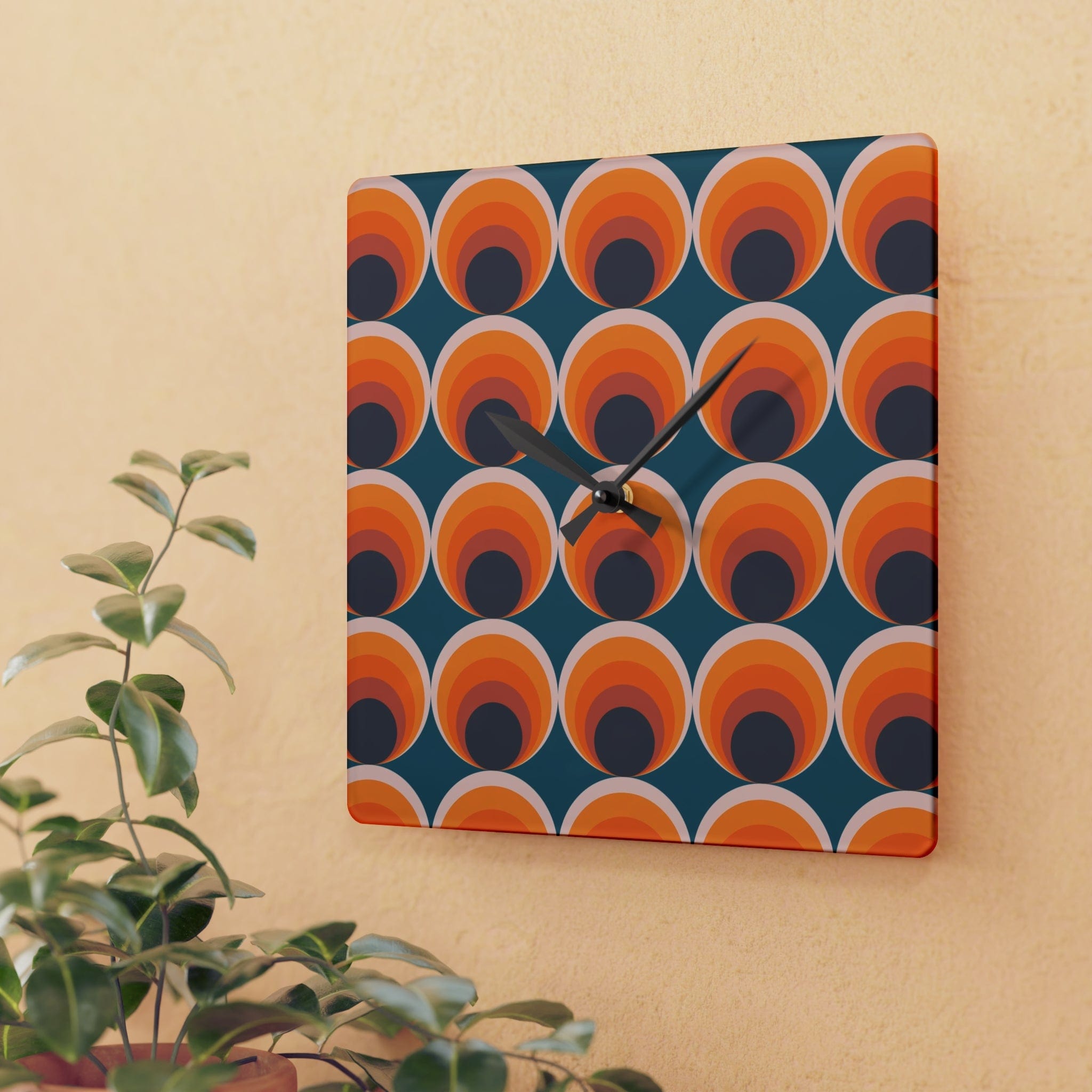 Mid Century Modern Groovy Orange, Navy Blue, Retro Style Acrylic Wall Clock Home Decor
