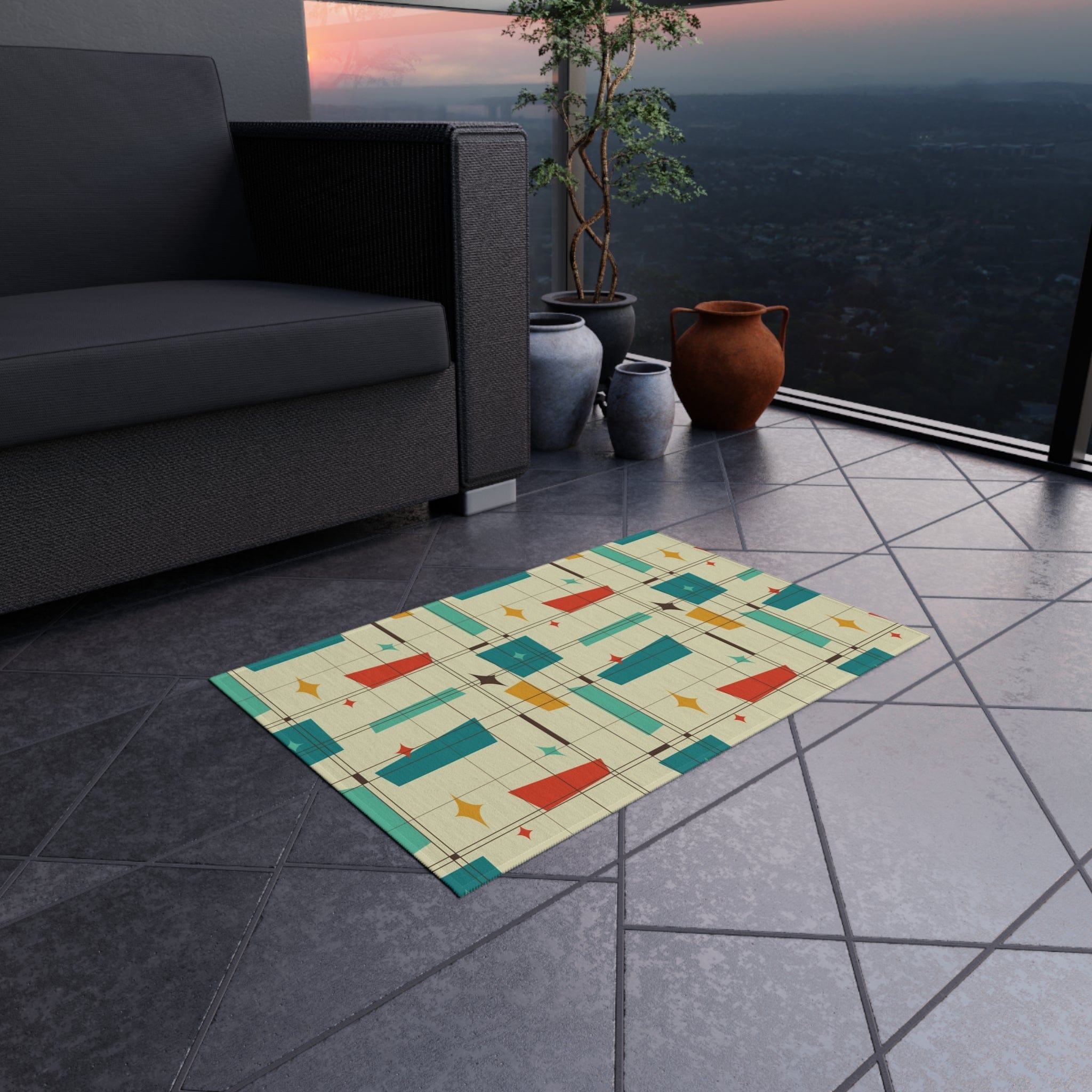 Mid Century Modern, Indoor, Outdoor Rug, Geometric Squares, Mid Mod Palm Spring Cali Home Decor Home Decor