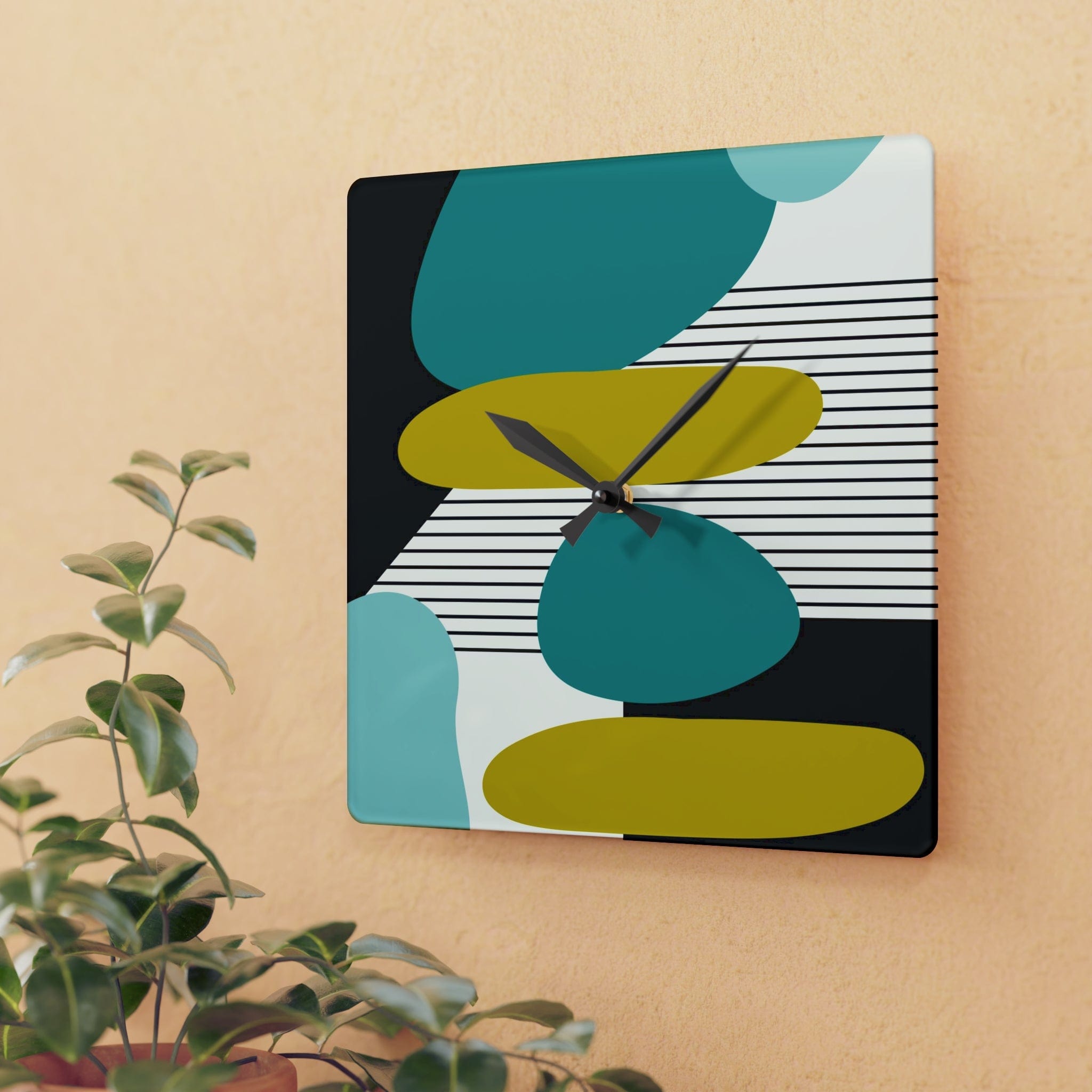 Mid Century Modern, Minimalist Geometric Green, Teal, Black Abstract Acrylic Wall Clock Home Decor