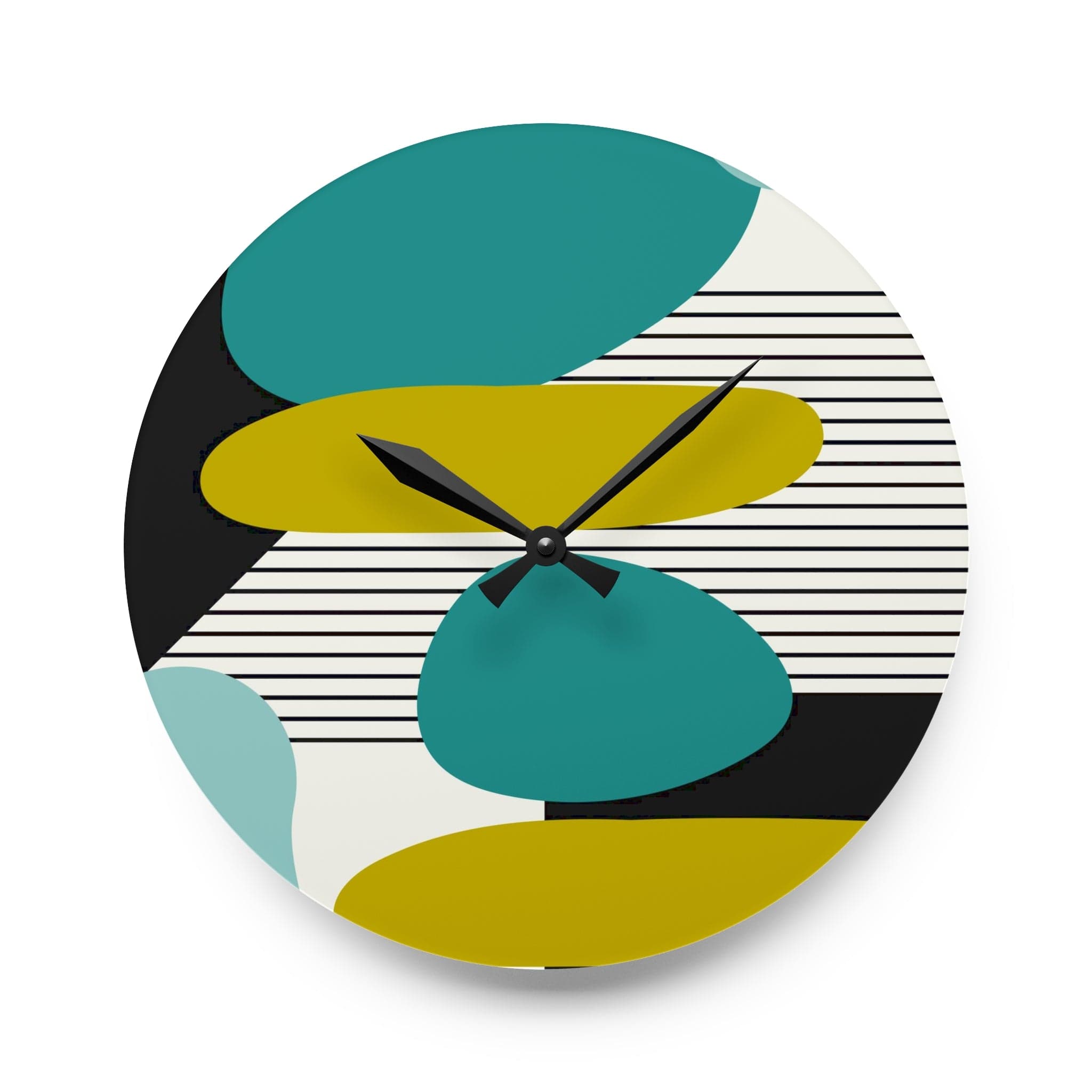 Mid Century Modern, Minimalist Geometric Green, Teal, Black Abstract Acrylic Wall Clock Home Decor