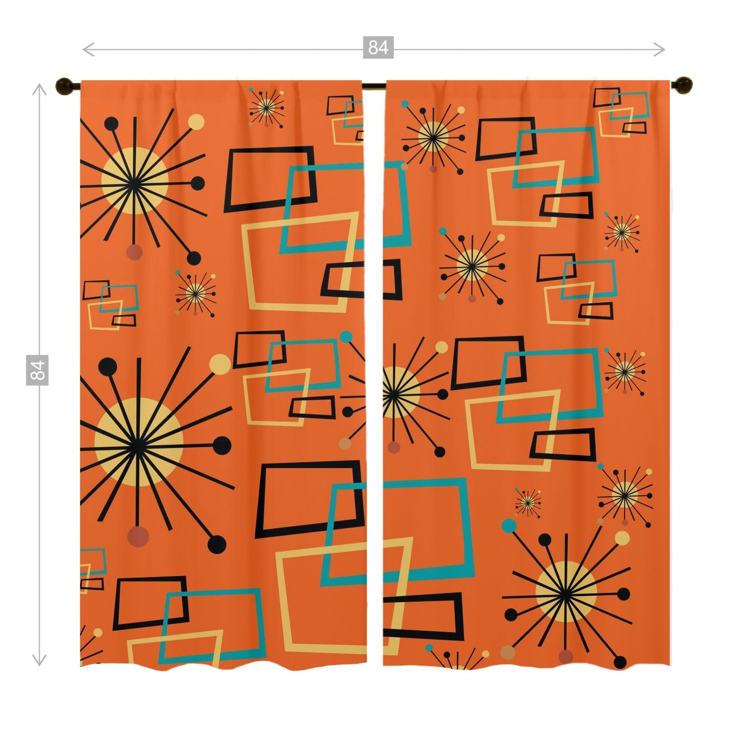 Mid Century Modern Orange Curtains, Starburst, Geometric, Retro Window Curtains (two panels) Curtains