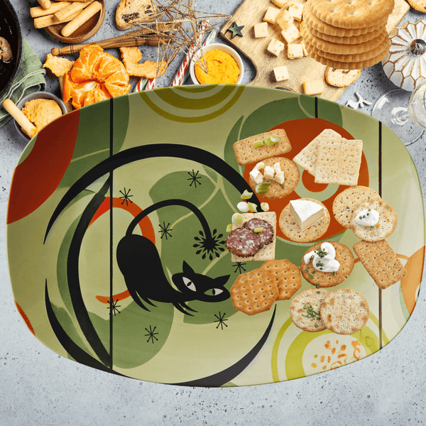 Mid Century Modern Party Platter, Mod Orange, Green, Atomic Kittie Kitchware
