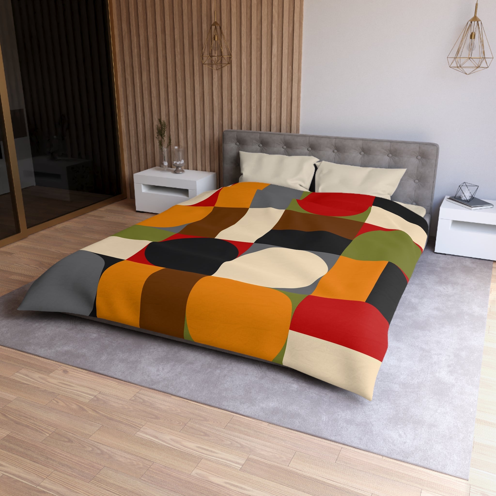 Mid Century Modern Retro Geometric Abstract Red, Gray, Black, Mustard Yellow, Brown,Green Microfiber Duvet Cover