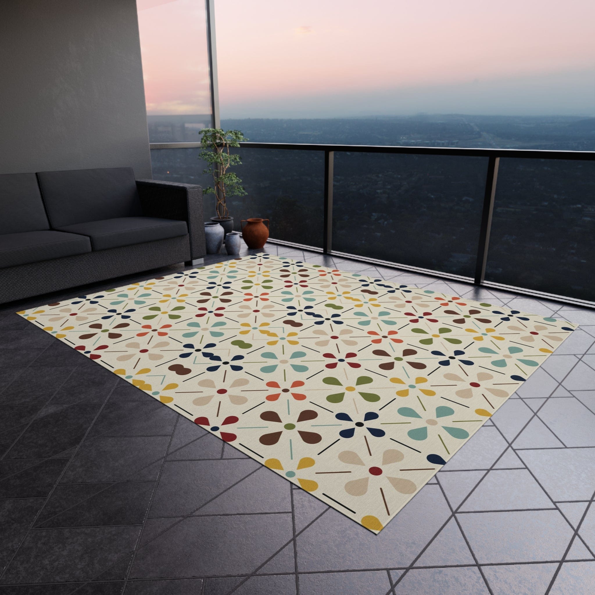 Mid Century Modern Scandinavian Flower, Mid Mod Retro Beige, Green, Aqua, Green, Orange, Indoor-Outdoor Rug Home Decor