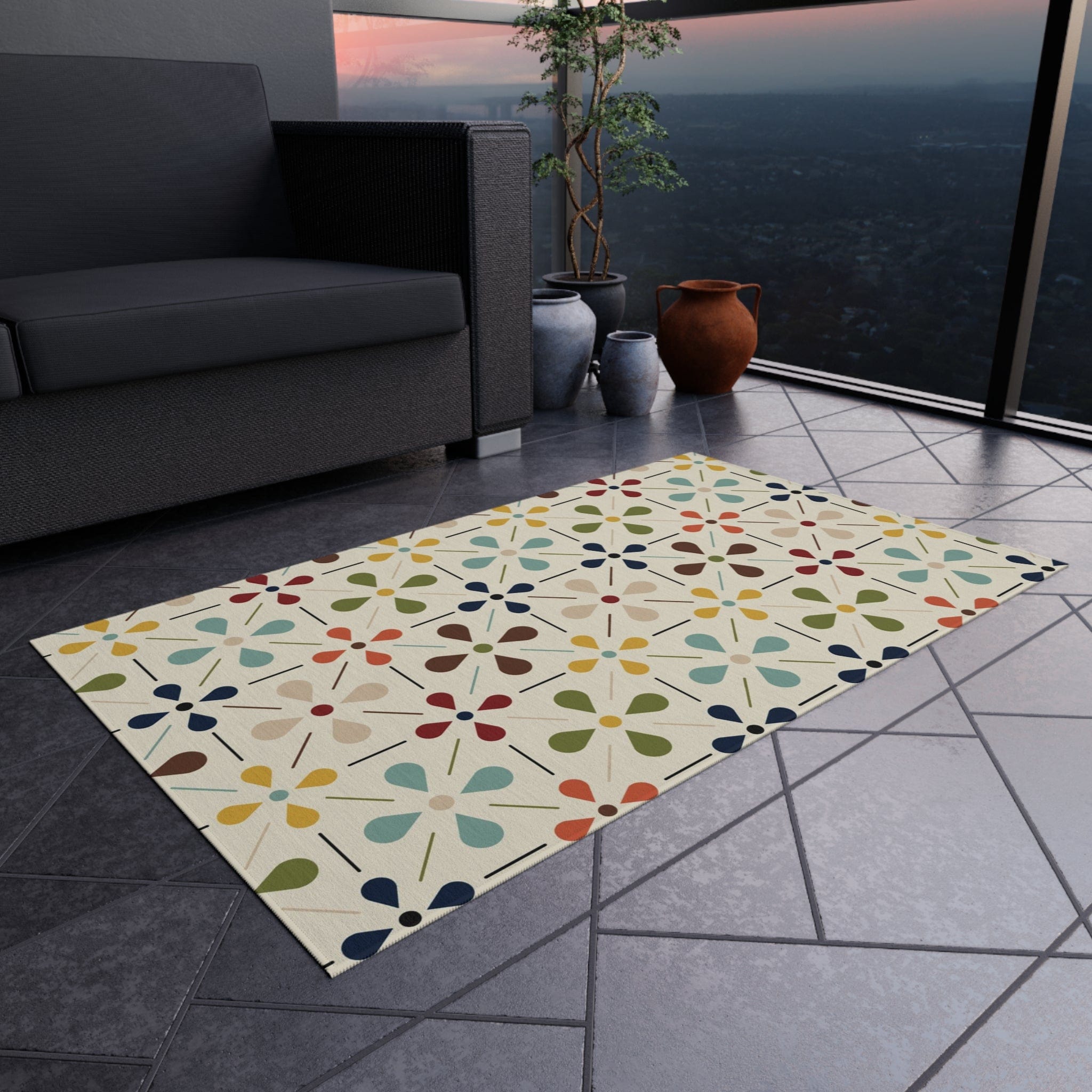 Mid Century Modern Scandinavian Flower, Mid Mod Retro Beige, Green, Aqua, Green, Orange, Indoor-Outdoor Rug Home Decor