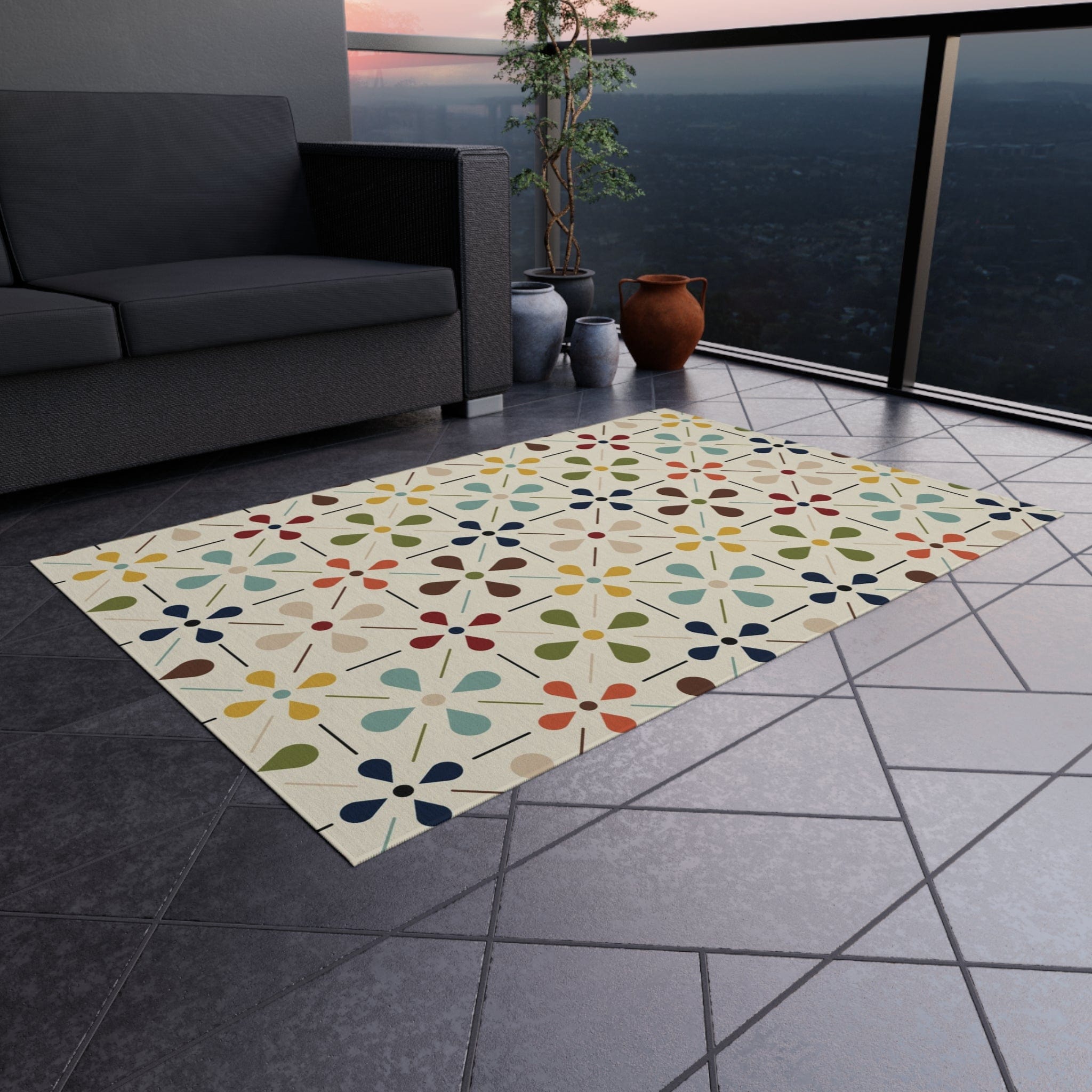 Mid Century Modern Scandinavian Flower, Mid Mod Retro Beige, Green, Aqua, Green, Orange, Indoor-Outdoor Rug Home Decor