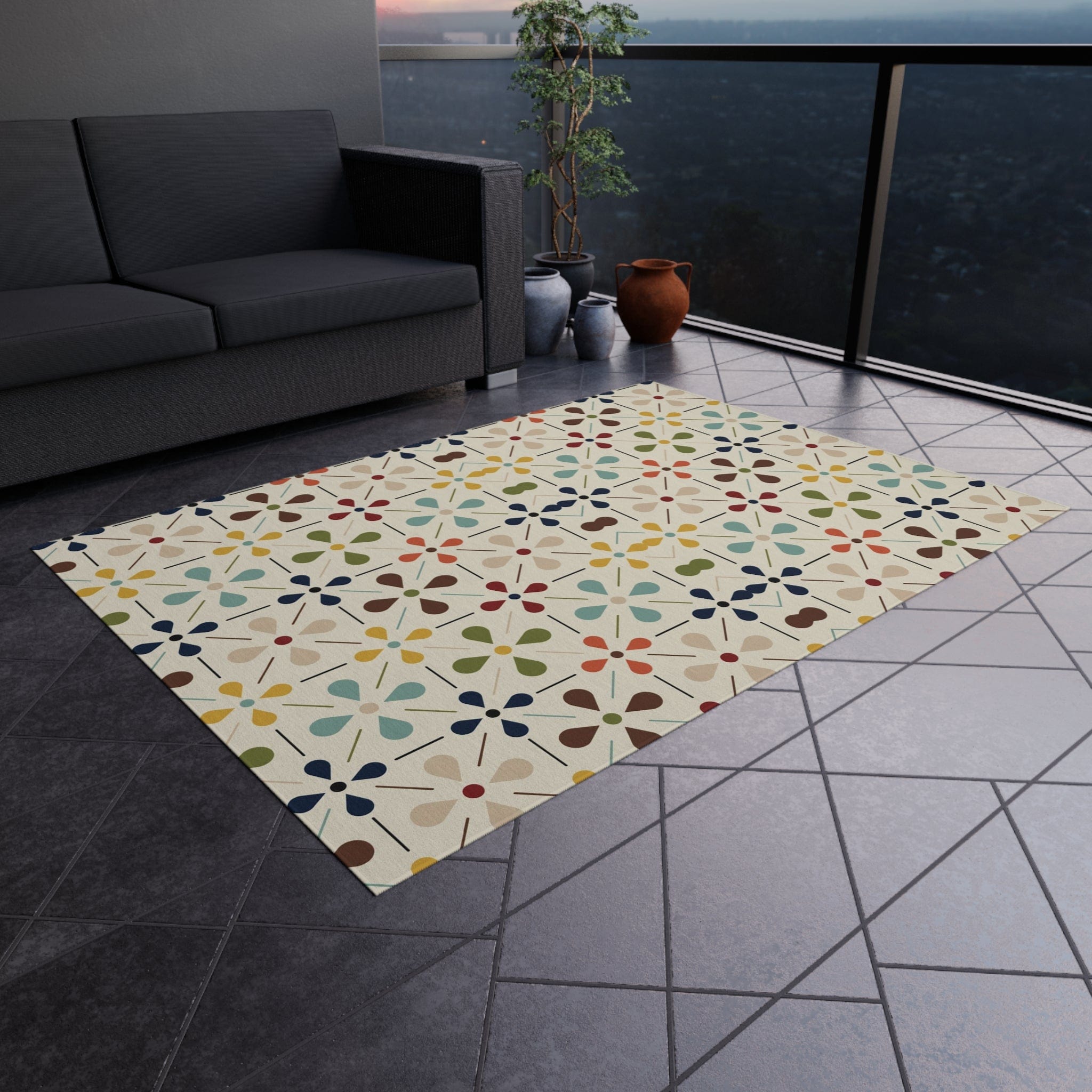Mid Century Modern Scandinavian Flower, Mid Mod Retro Beige, Green, Aqua, Green, Orange, Indoor-Outdoor Rug Home Decor