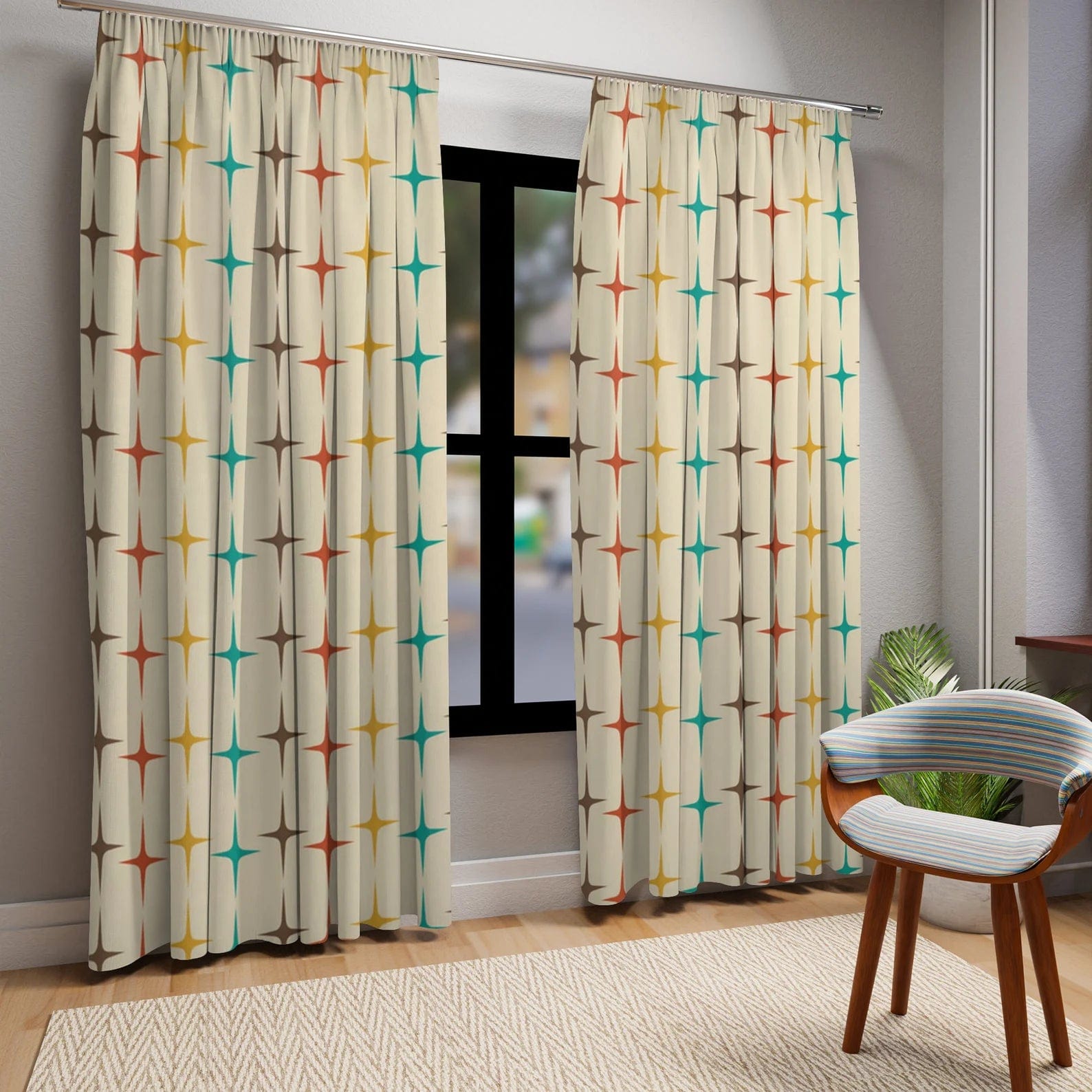 Mid Century Modern Starburst, Beige Aqua, Mustard Yellow, Burnt Orange