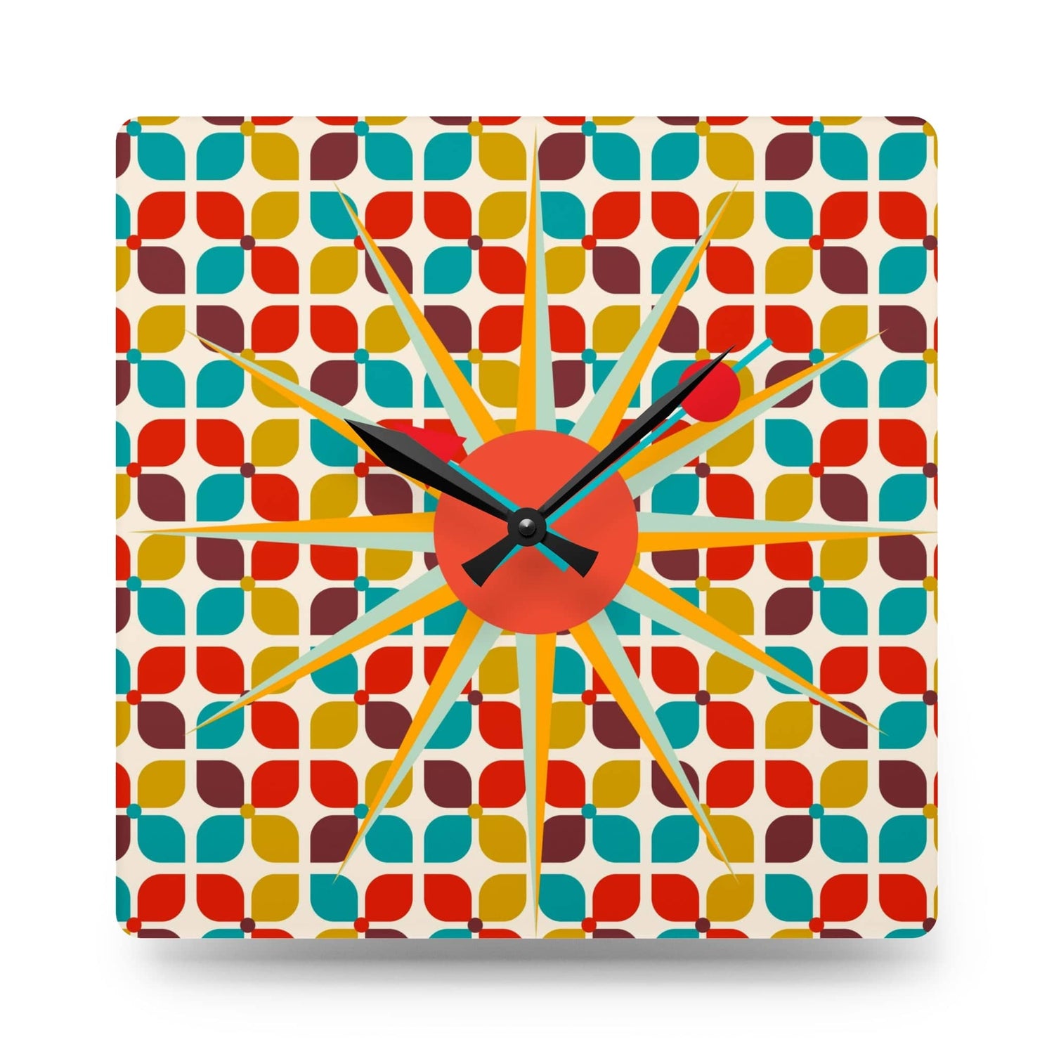 Mid Century Modern Starbust Clock, Scandinavian Retro Red, Turquoise, Mustard Yellow Geometric Designs Acrylic Wall Clock Home Decor