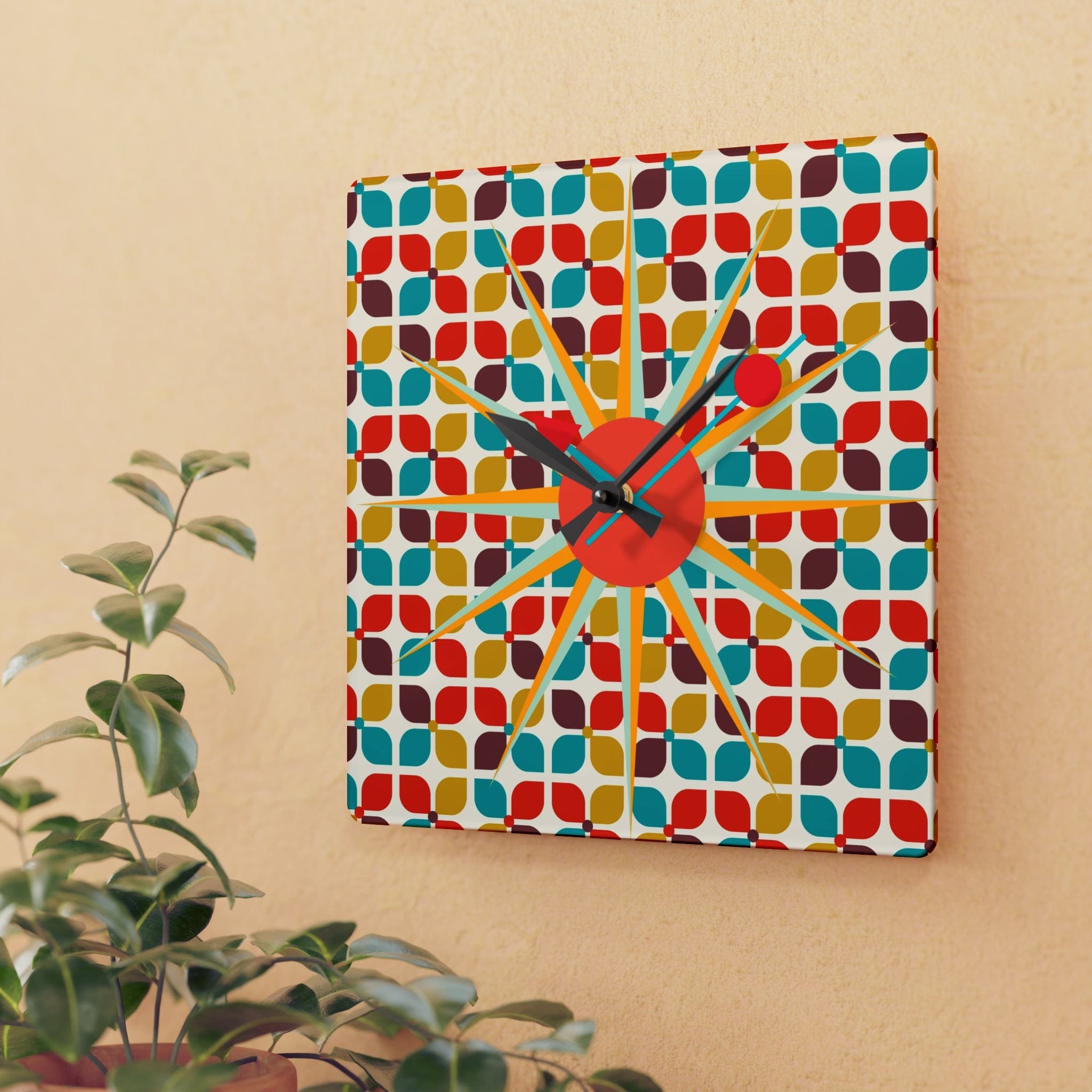 Mid Century Modern Starbust Clock, Scandinavian Retro Red, Turquoise, Mustard Yellow Geometric Designs Acrylic Wall Clock Home Decor