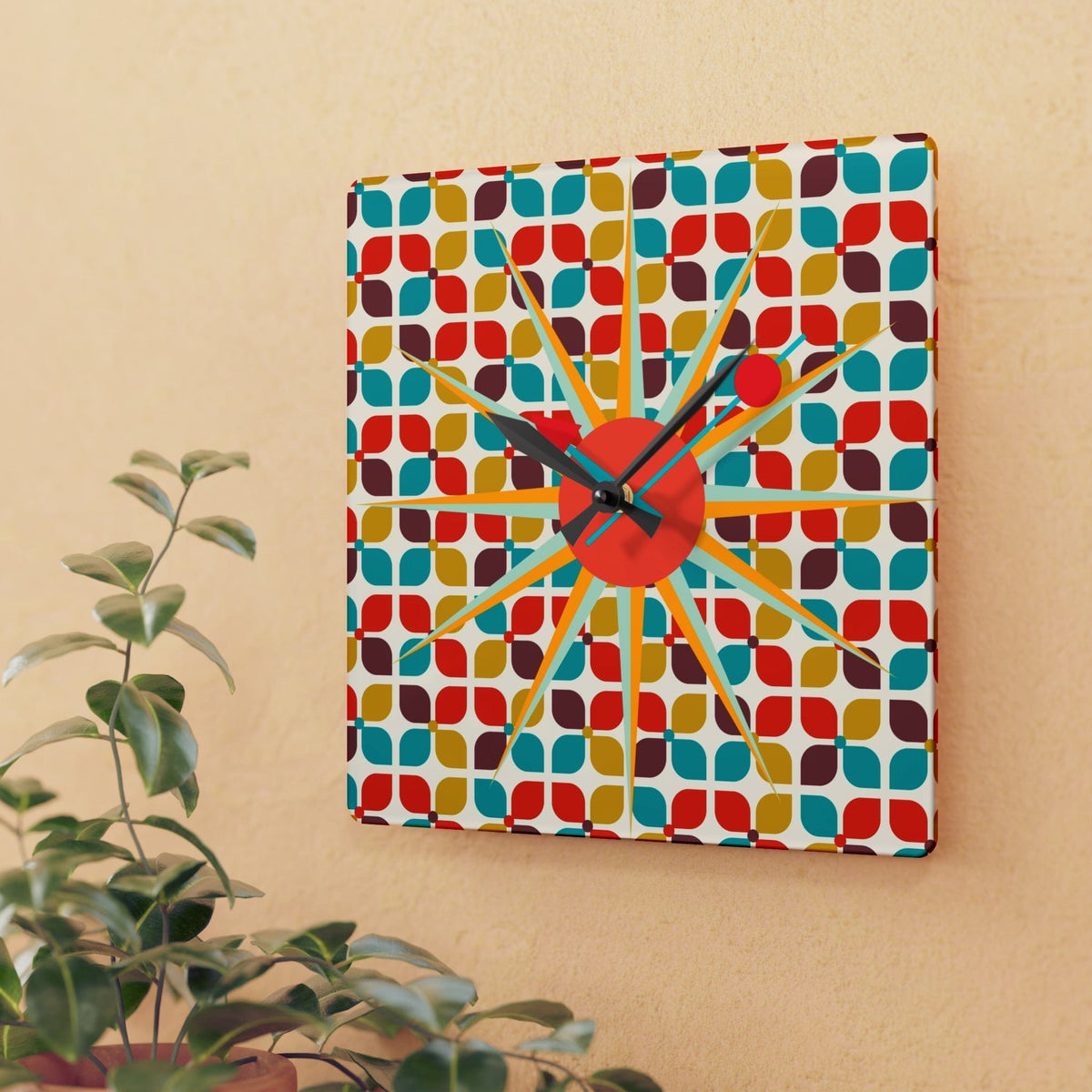 Mid Century Modern Starbust Clock, Scandinavian Retro Red, Turquoise, Mustard Yellow Geometric Designs Acrylic Wall Clock Home Decor