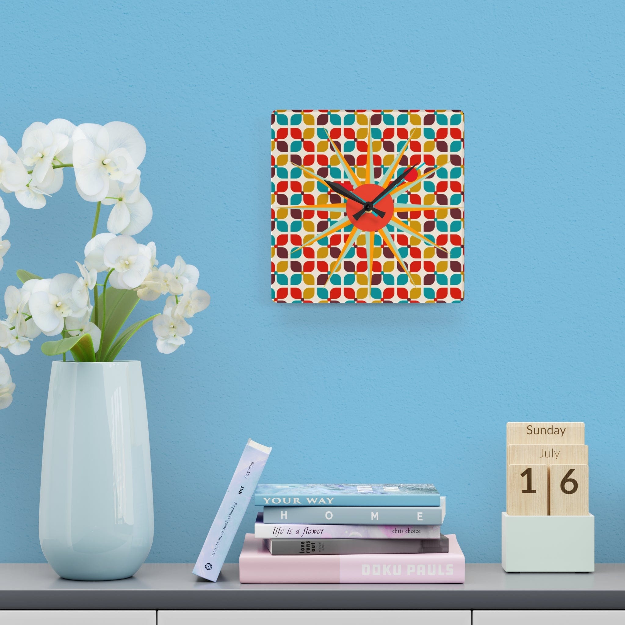 Mid Century Modern Starbust Clock, Scandinavian Retro Red, Turquoise, Mustard Yellow Geometric Designs Acrylic Wall Clock Home Decor