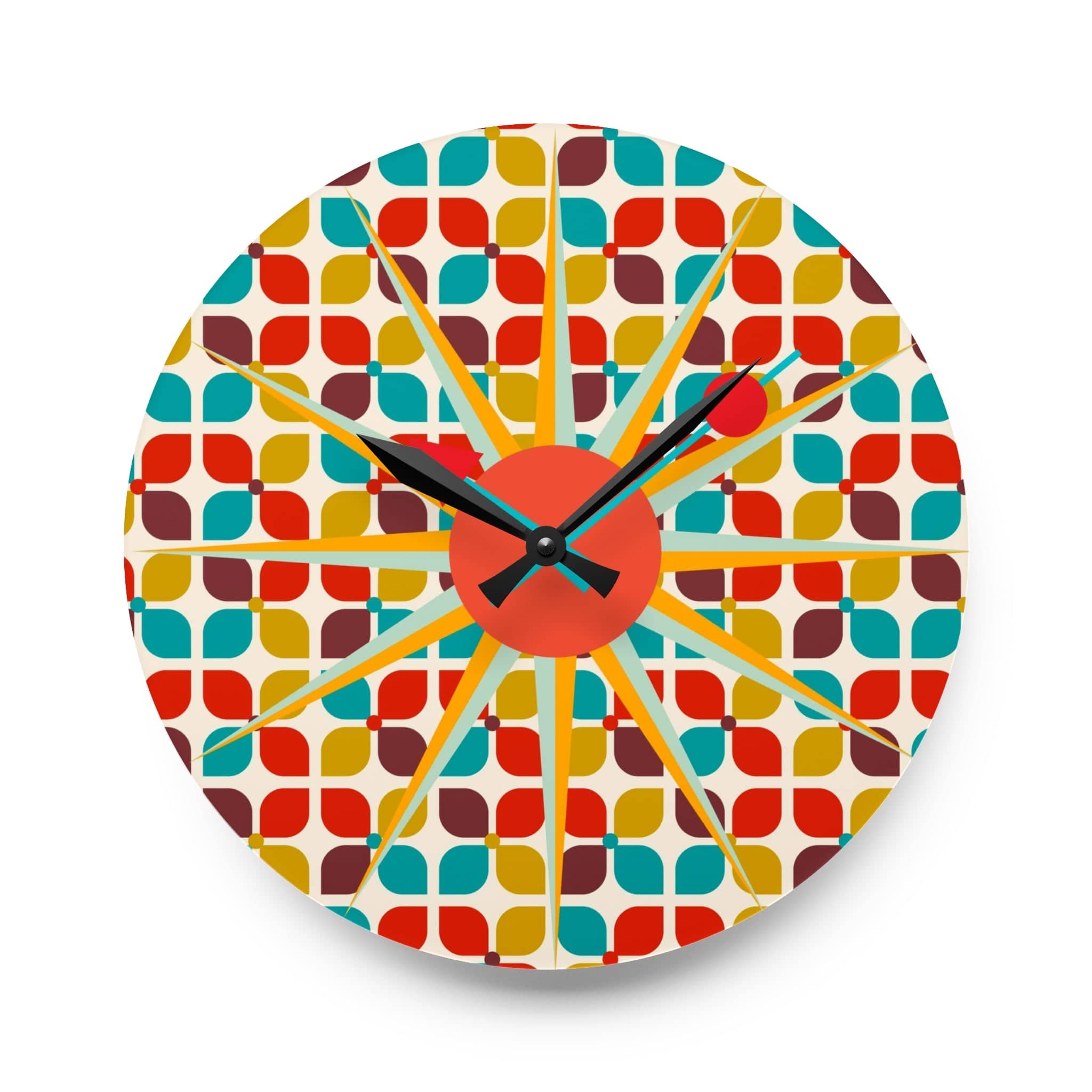 Mid Century Modern Starbust Clock, Scandinavian Retro Red, Turquoise, Mustard Yellow Geometric Designs Acrylic Wall Clock Home Decor
