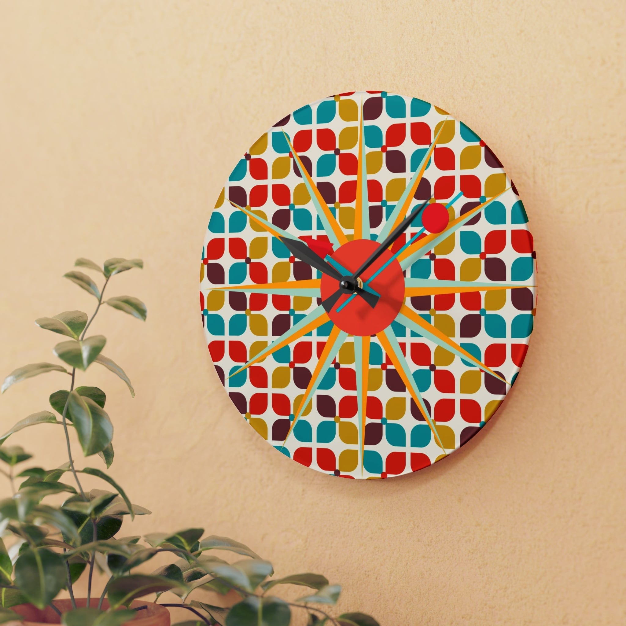 Mid Century Modern Starbust Clock, Scandinavian Retro Red, Turquoise, Mustard Yellow Geometric Designs Acrylic Wall Clock Home Decor