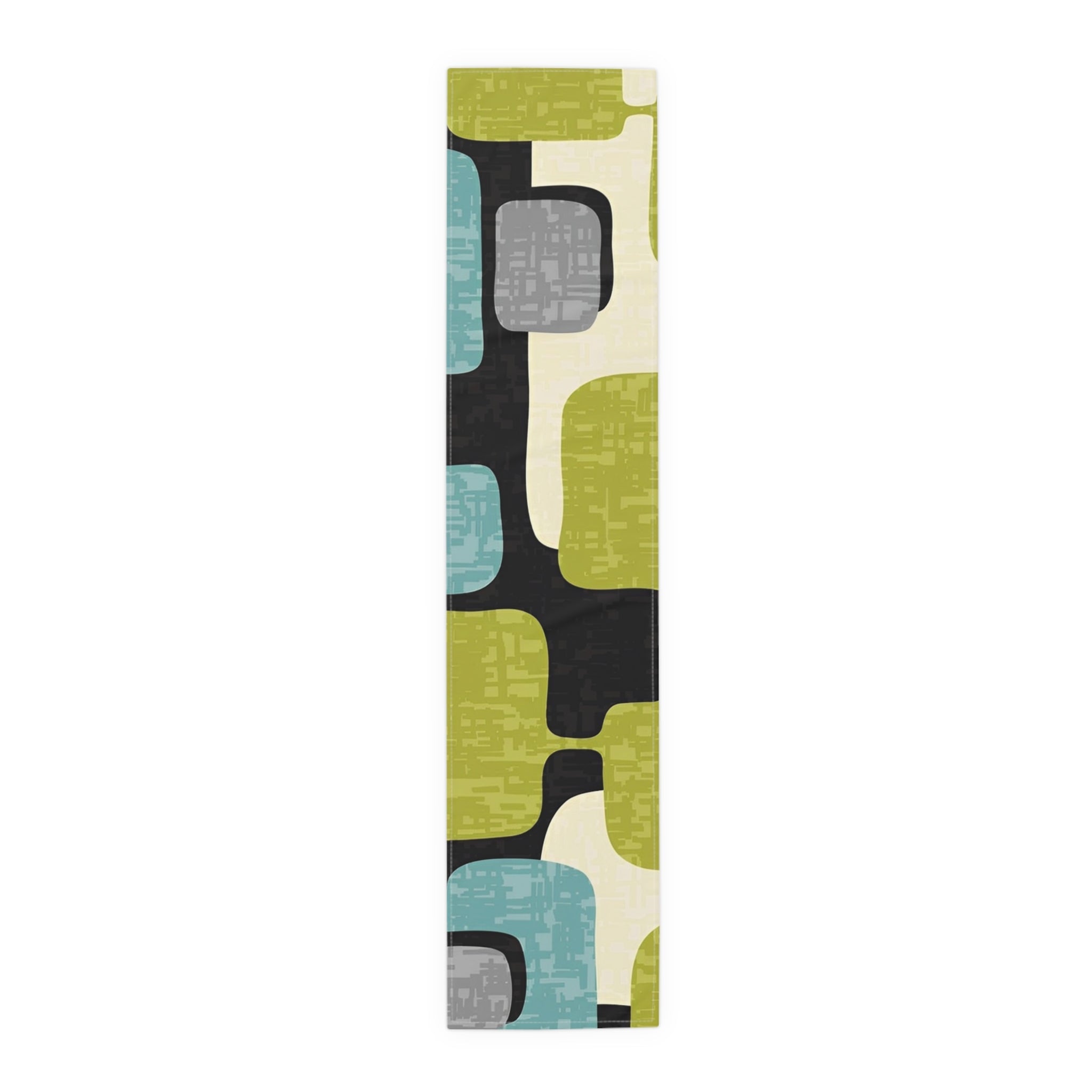 Mid Century Modern Table Runner, Geo Pattern, Black, Gray, Green Aqua Mod Table Setting Home Decor