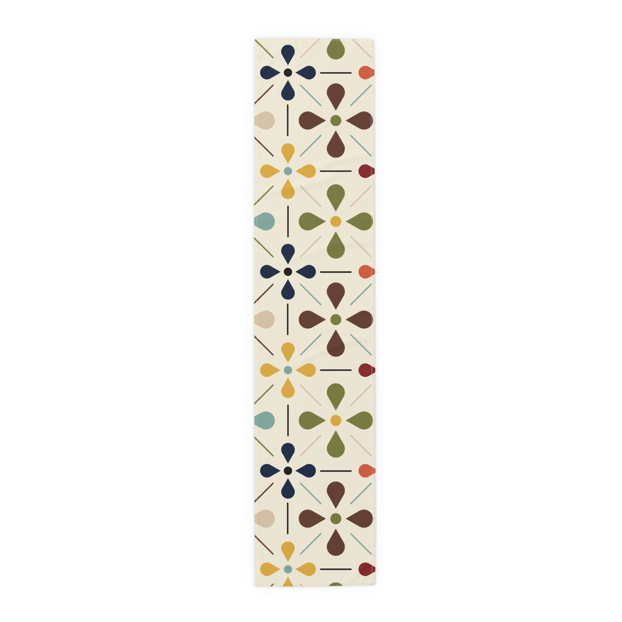 Mid Century Modern Table Runner, Scandinavian Flower, Modern Danish, Beige, Yellow, Green, Orange, Brown, Aqua, MCM Designs Home Decor