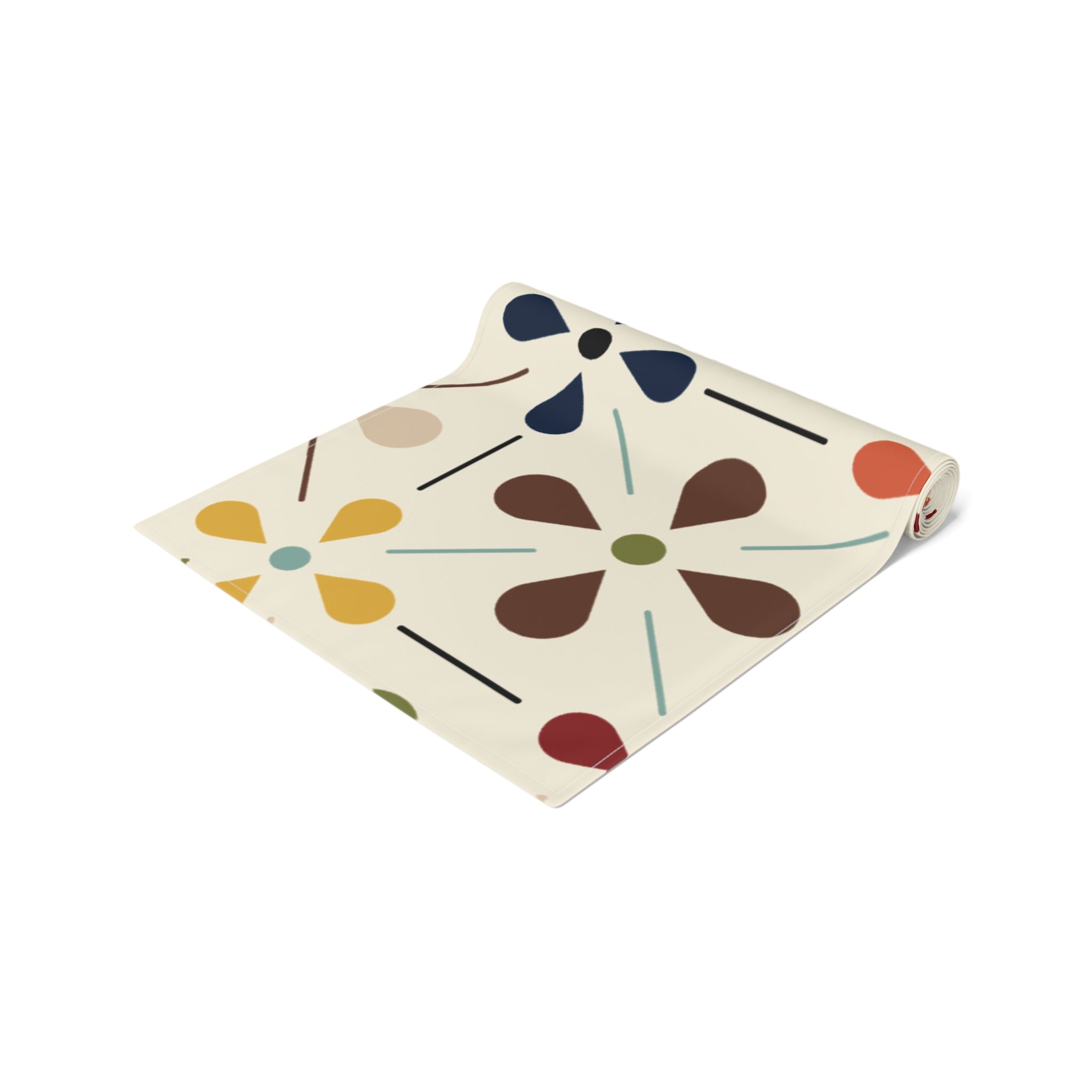 Mid Century Modern Table Runner, Scandinavian Flower, Modern Danish, Beige, Yellow, Green, Orange, Brown, Aqua, MCM Designs Home Decor