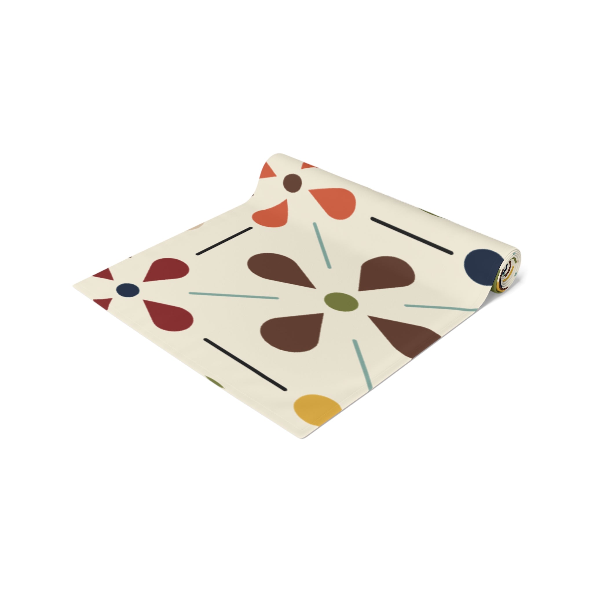 Mid Century Modern Table Runner, Scandinavian Flower, Modern Danish, Beige, Yellow, Green, Orange, Brown, Aqua, MCM Designs Home Decor