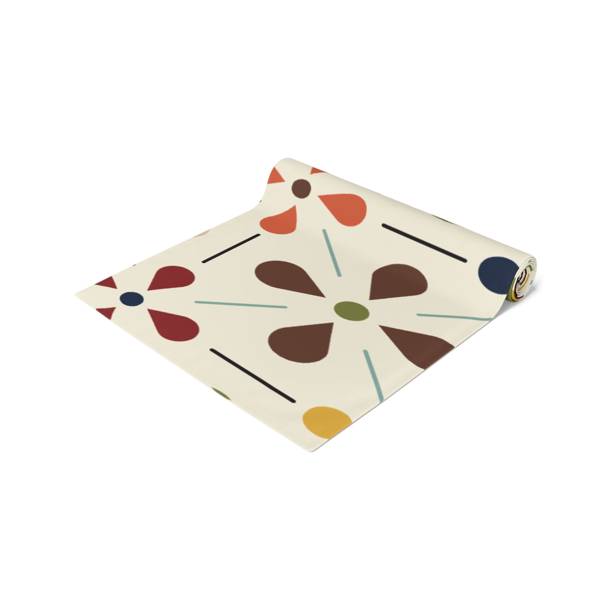 Mid Century Modern Table Runner, Scandinavian Flower, Modern Danish, Beige, Yellow, Green, Orange, Brown, Aqua, MCM Designs Home Decor