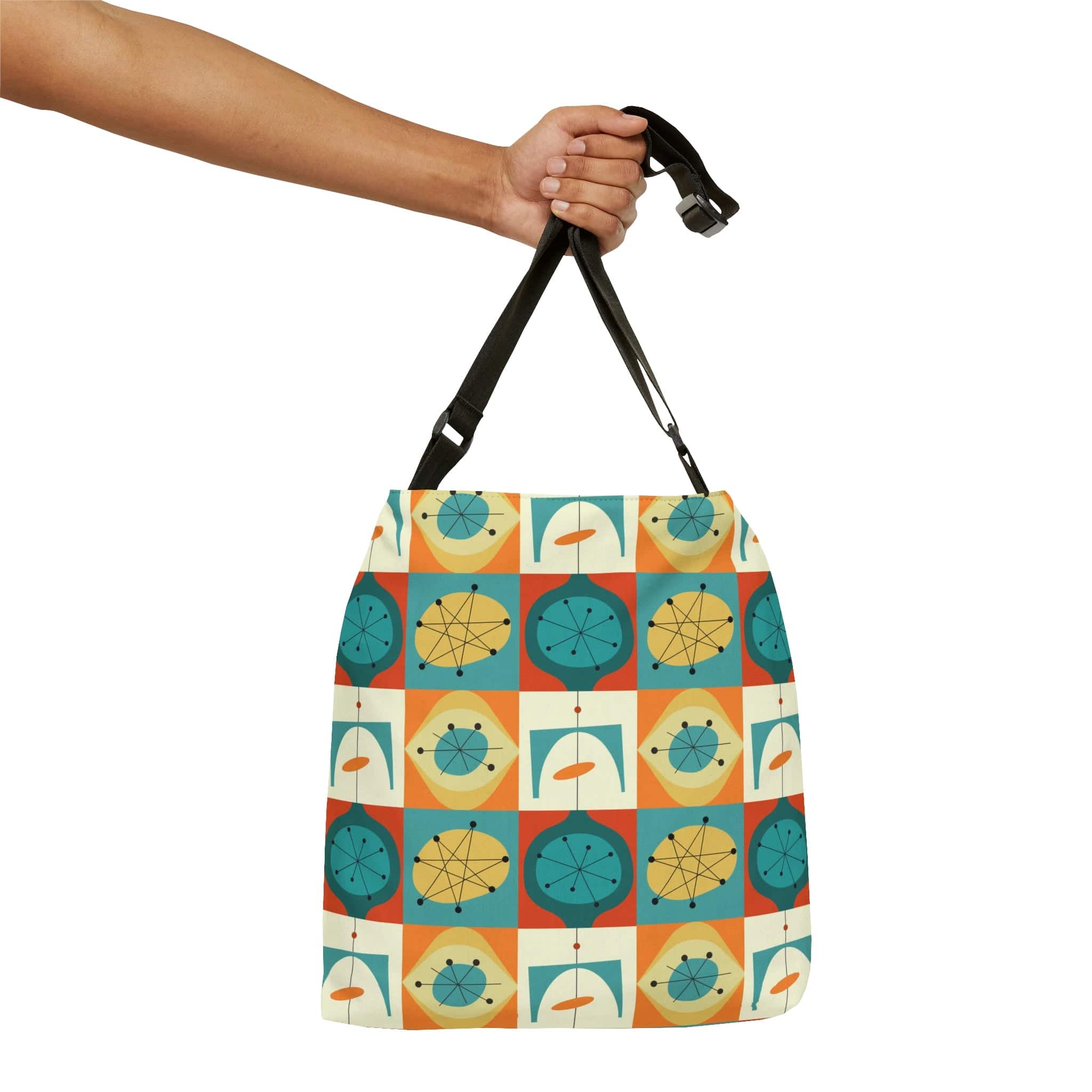 Mid Century Modern, Teal, Orange, Geometric Starburst Retro Adjustable Tote Bag Bags