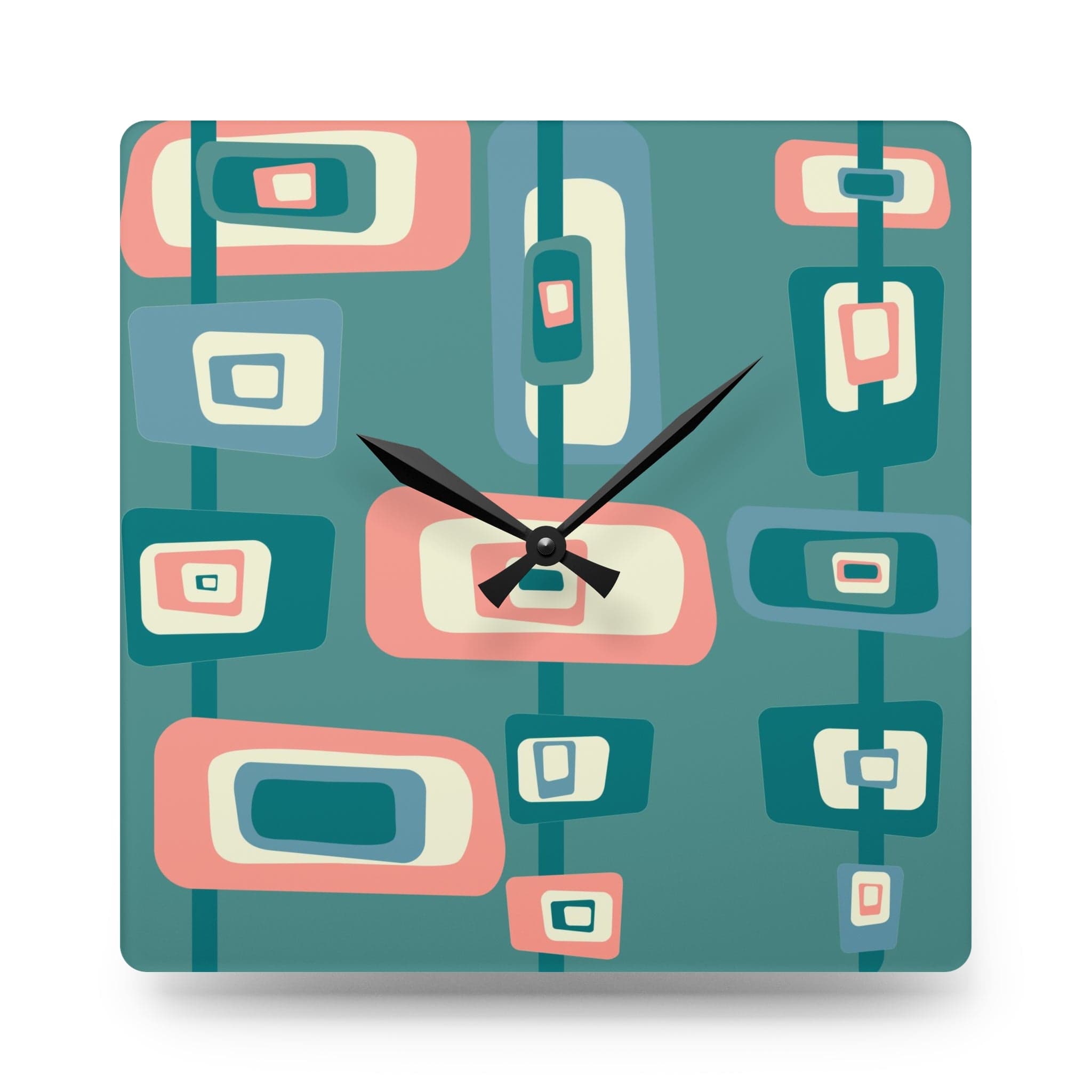 Mid Century Modern Teal, Pink, Beige Retro Geometric MCM Acrylic Wall Clock Home Decor