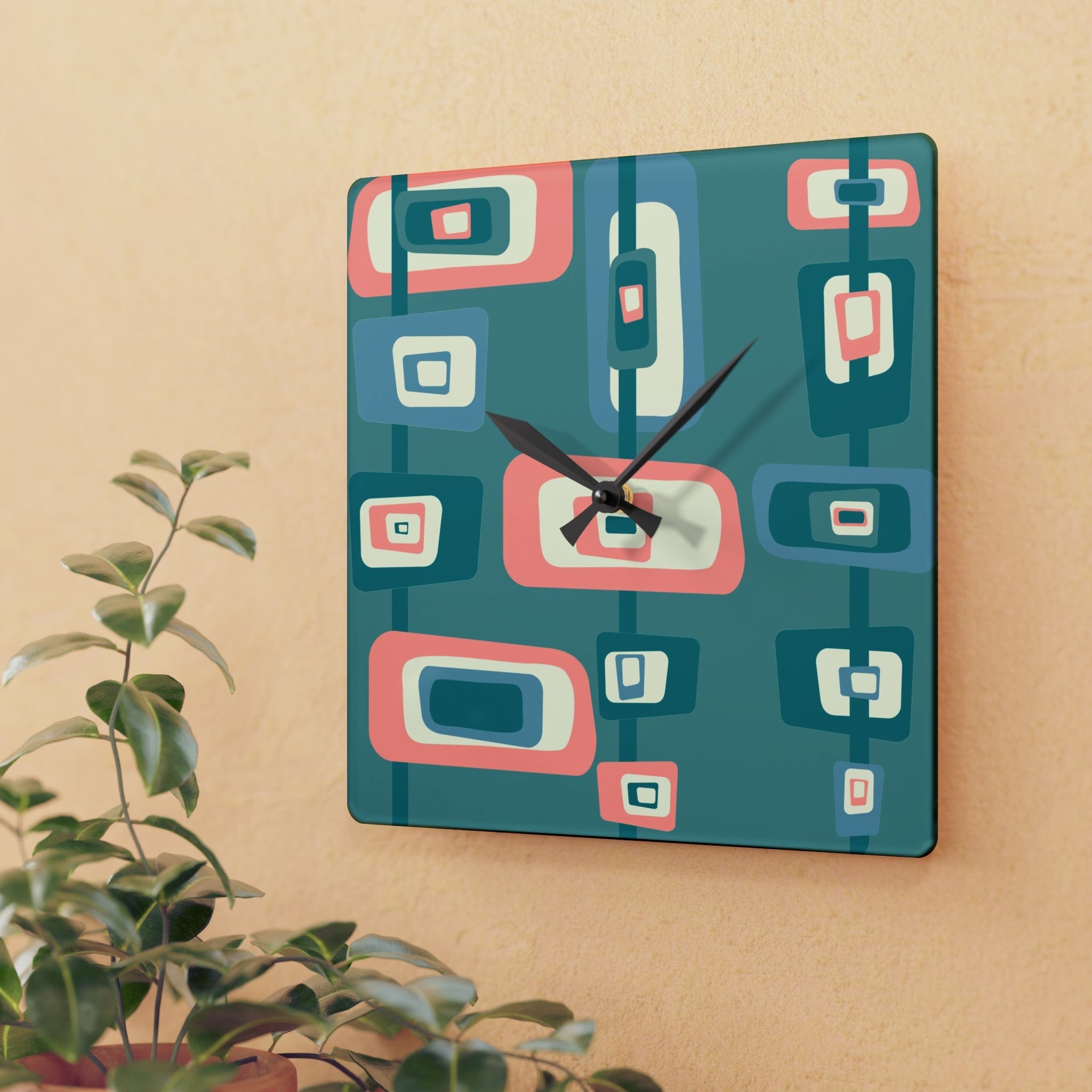 Mid Century Modern Teal, Pink, Beige Retro Geometric MCM Acrylic Wall Clock Home Decor