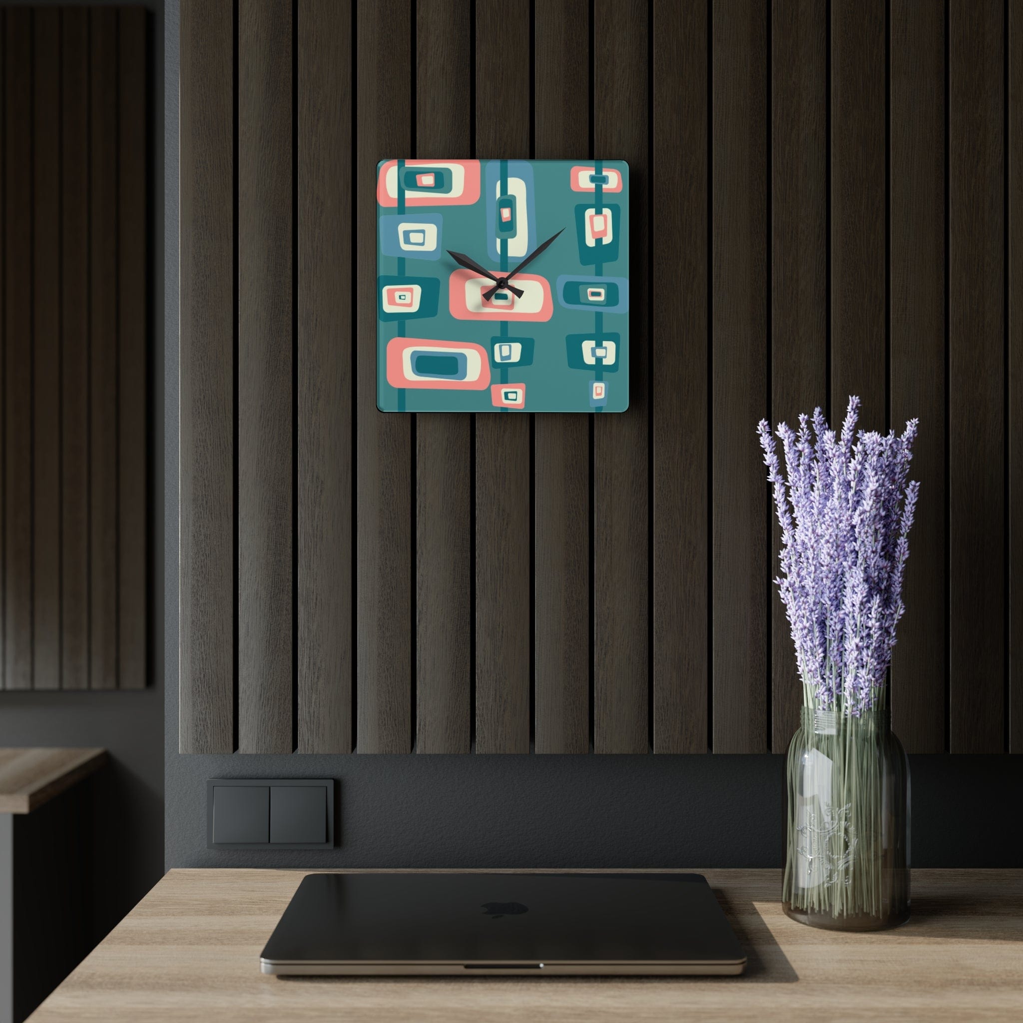 Mid Century Modern Teal, Pink, Beige Retro Geometric MCM Acrylic Wall Clock Home Decor